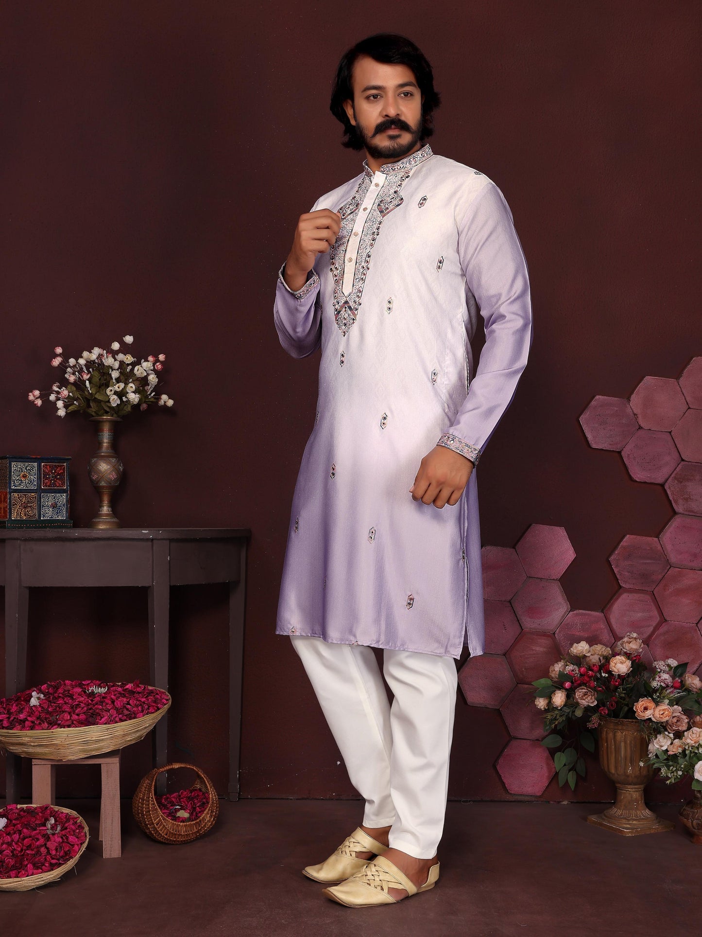 Jyoti Fashion Men's Purple Sequins Embroidered Kurta with Pajama | Swadesiicart
