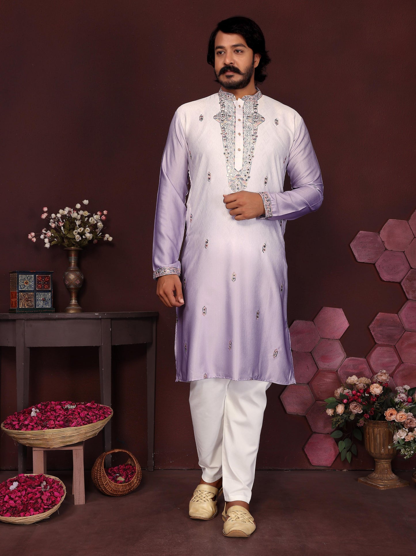 Jyoti Fashion Men's Purple Sequins Embroidered Kurta with Pajama | Swadesiicart