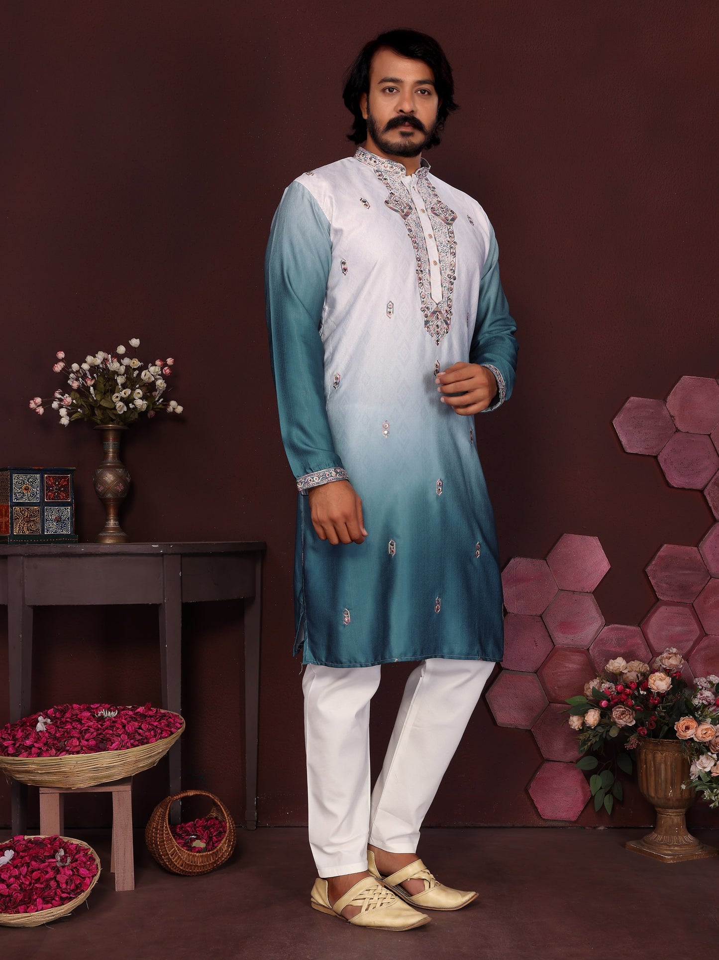 Jyoti Fashion Men's Teal Sequins Embroidered Kurta with Pajama | Swadesiicart