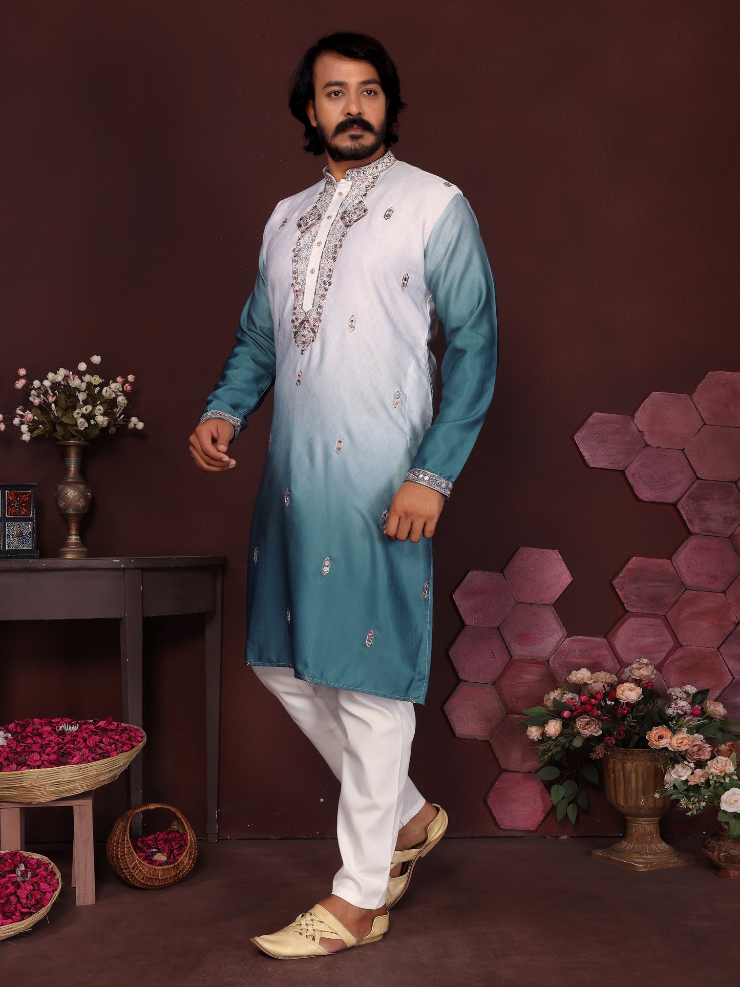 Jyoti Fashion Men's Teal Sequins Embroidered Kurta with Pajama | Swadesiicart