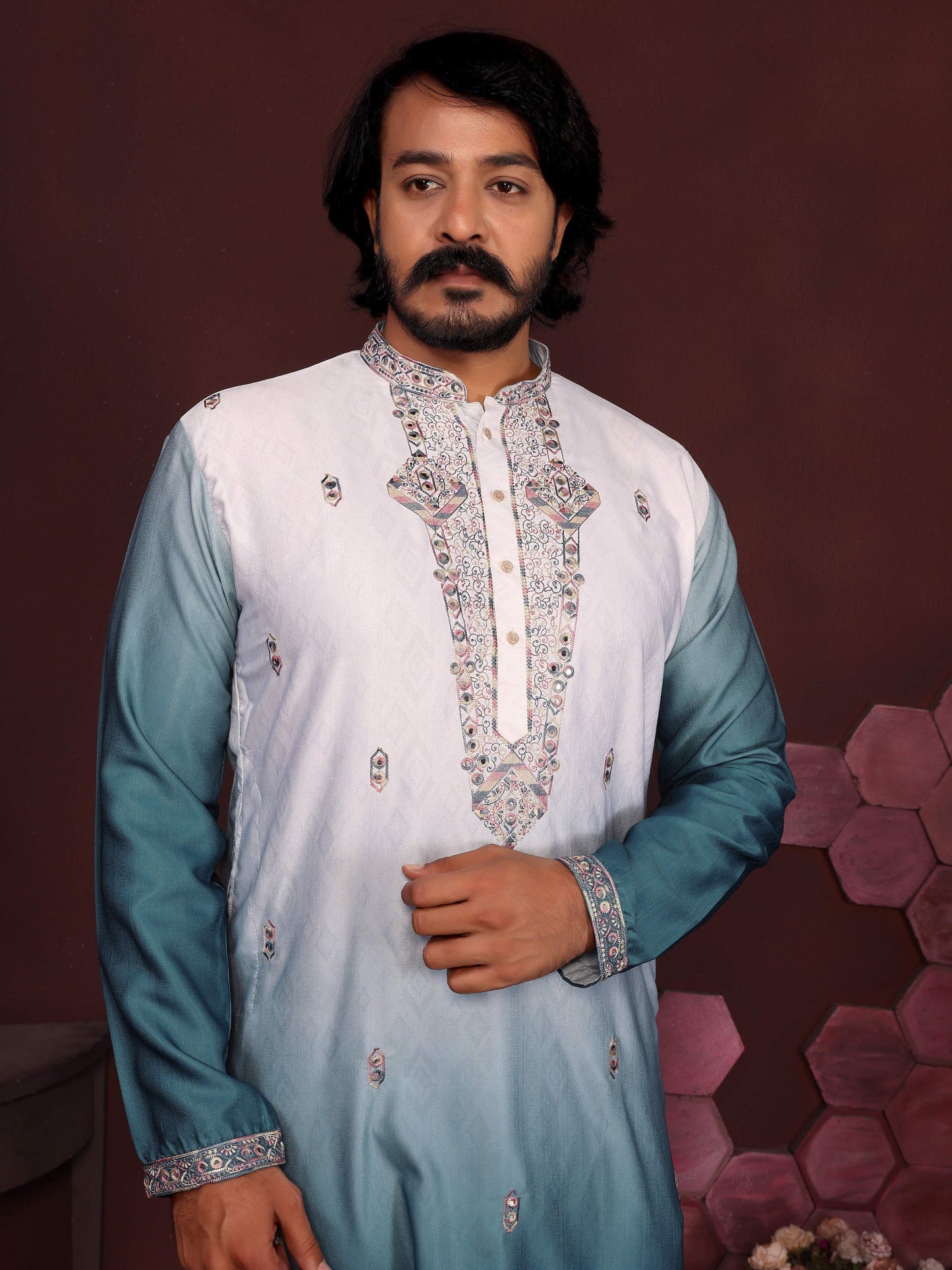 Jyoti Fashion Men's Teal Sequins Embroidered Kurta with Pajama | Swadesiicart