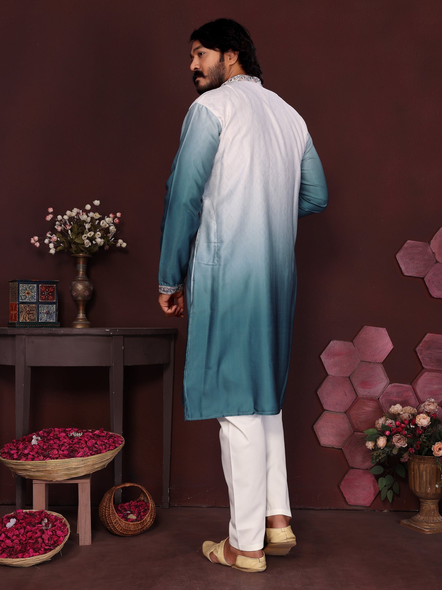 Jyoti Fashion Men's Teal Sequins Embroidered Kurta with Pajama | Swadesiicart