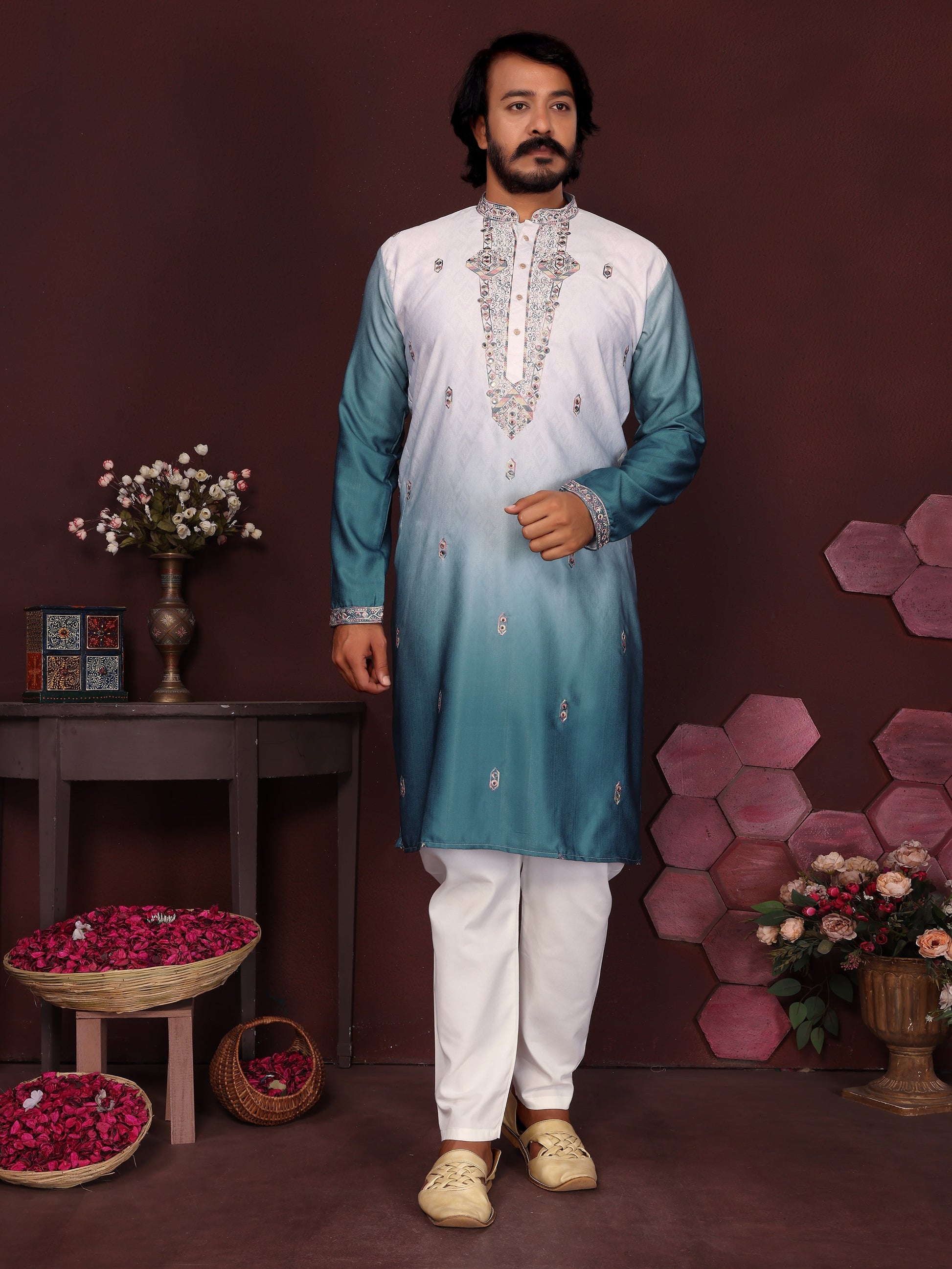 Jyoti Fashion Men's Teal Sequins Embroidered Kurta with Pajama | Swadesiicart