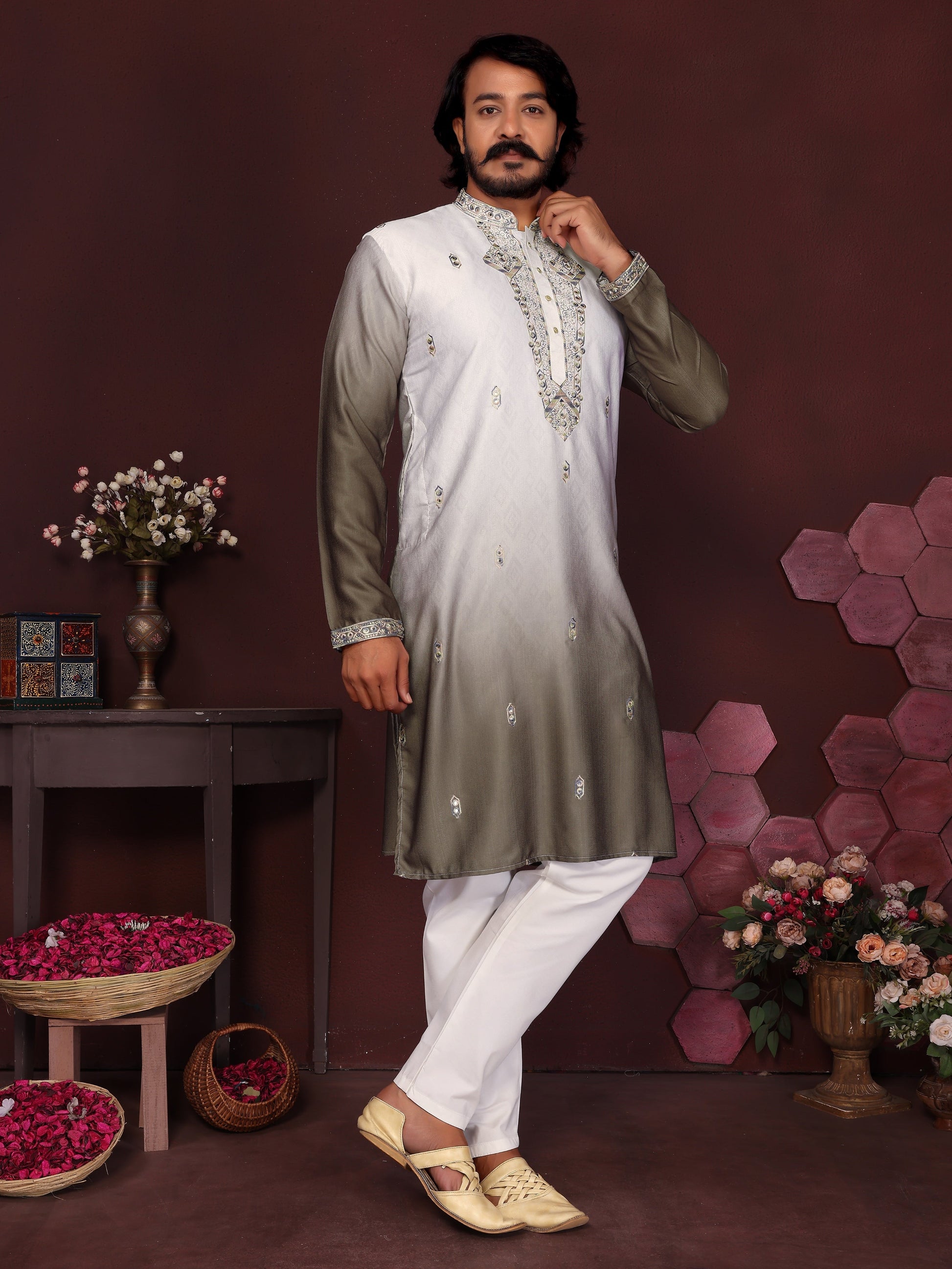 Jyoti Fashion Men's Mehendi Sequins Embroidered Kurta with Pajama | Swadesiicart