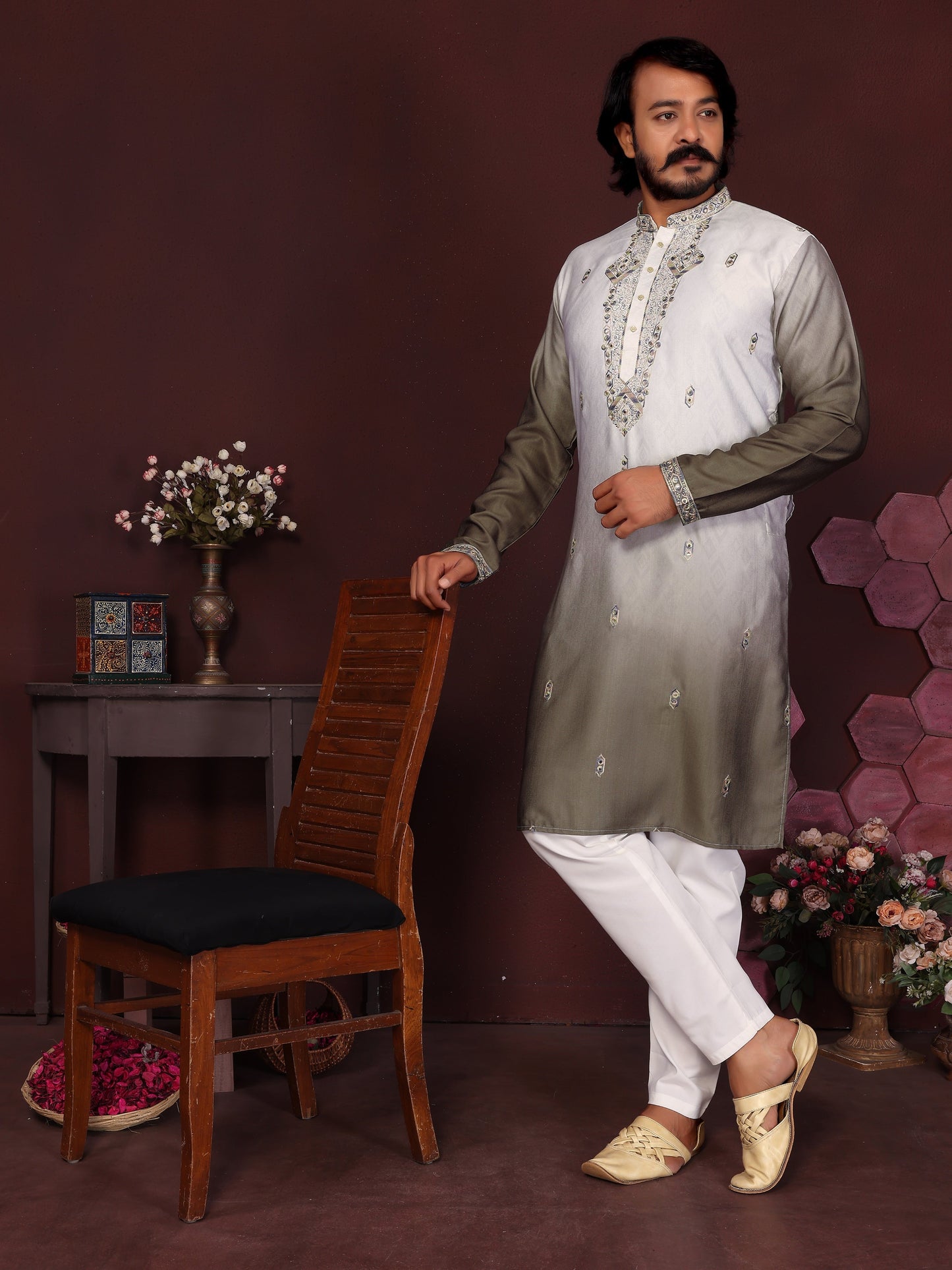 Jyoti Fashion Men's Mehendi Sequins Embroidered Kurta with Pajama | Swadesiicart