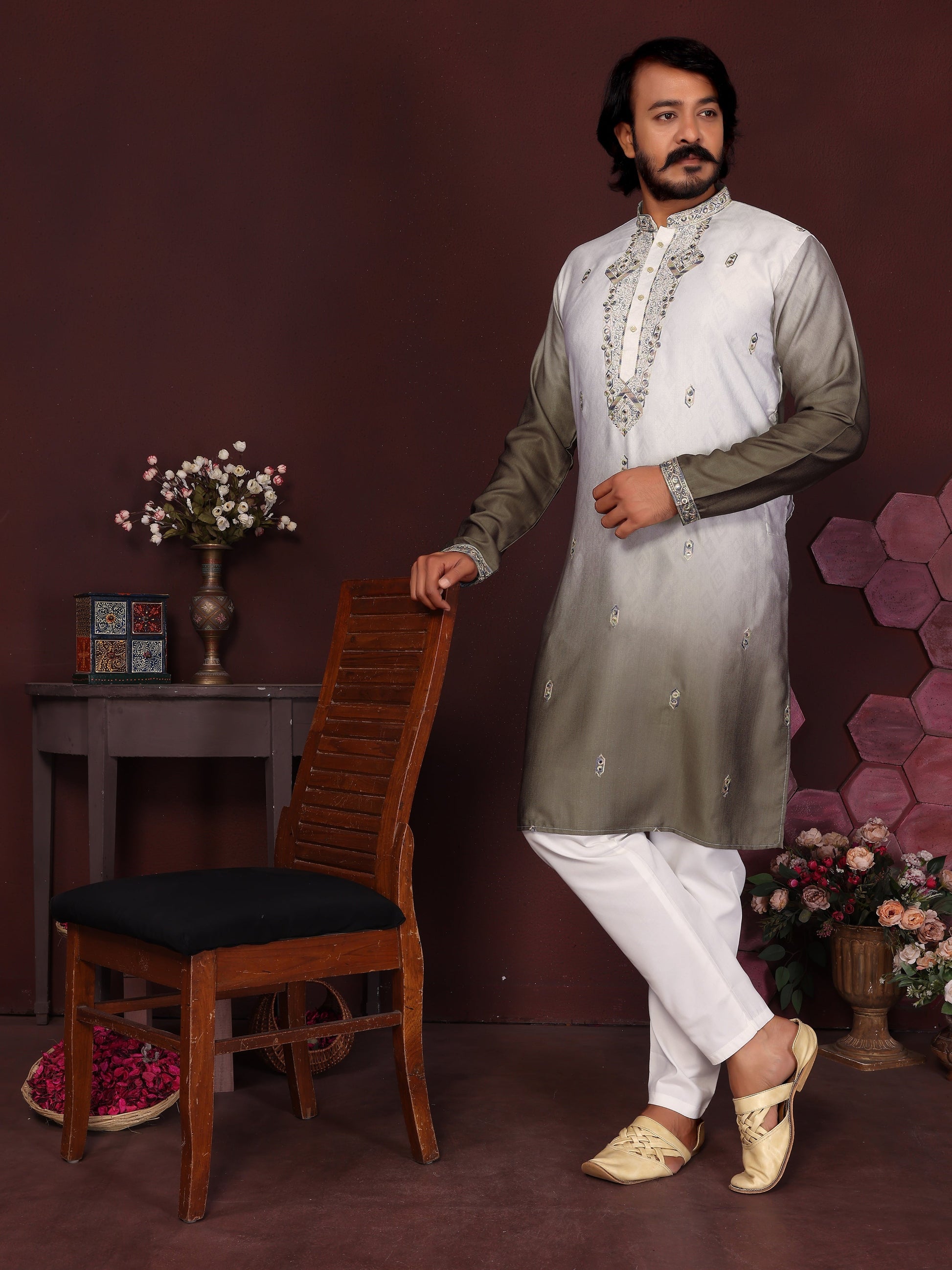 Jyoti Fashion Men's Mehendi Sequins Embroidered Kurta with Pajama | Swadesiicart