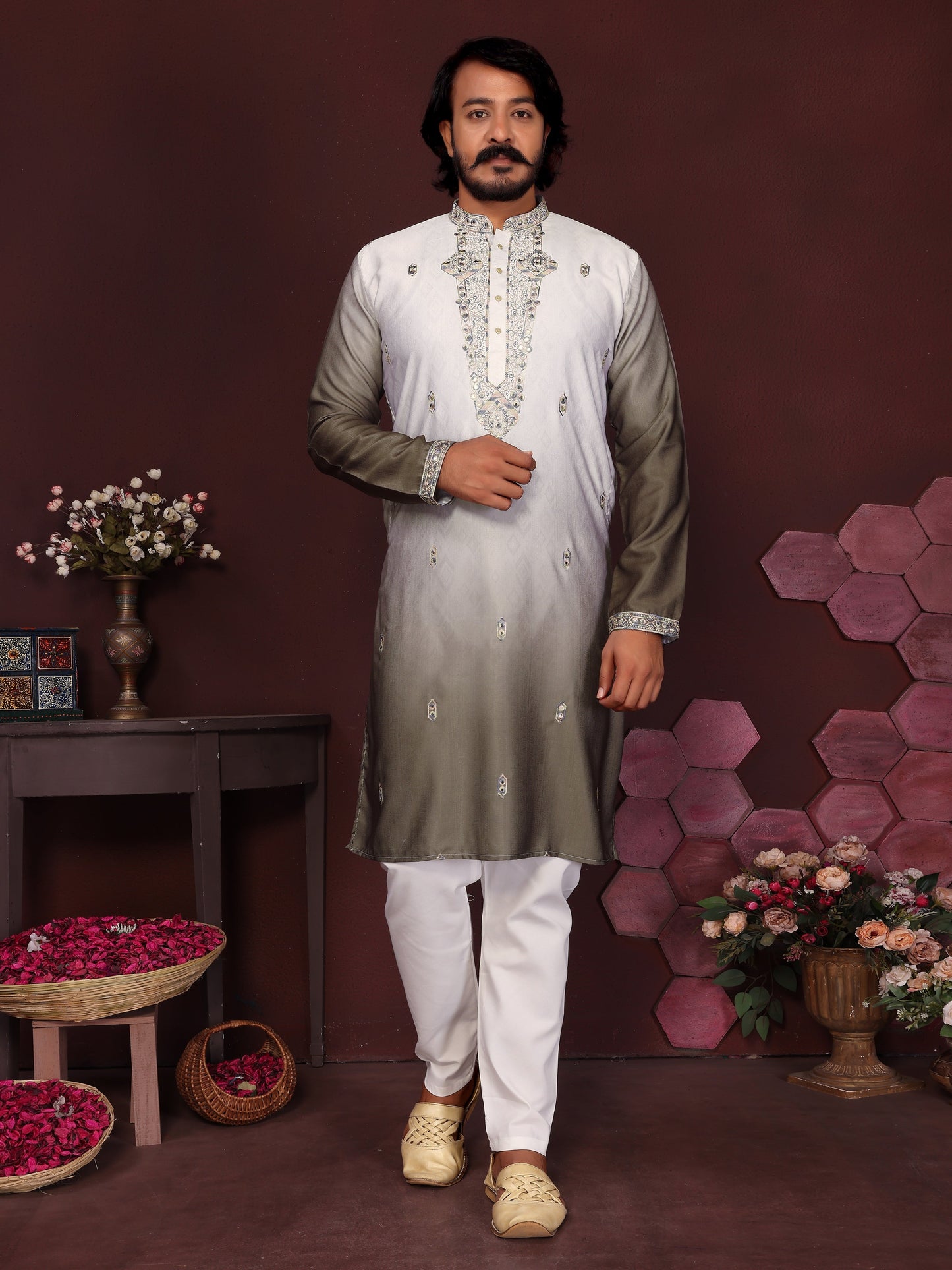 Jyoti Fashion Men's Mehendi Sequins Embroidered Kurta with Pajama | Swadesiicart