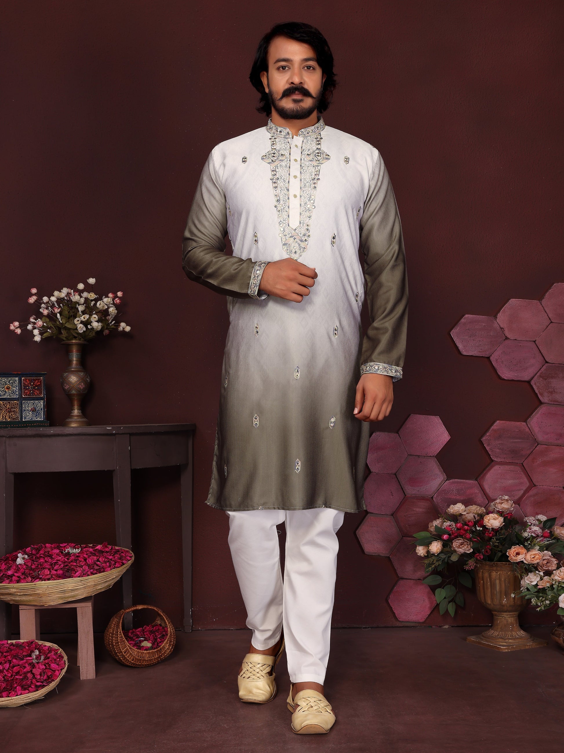 Jyoti Fashion Men's Mehendi Sequins Embroidered Kurta with Pajama | Swadesiicart