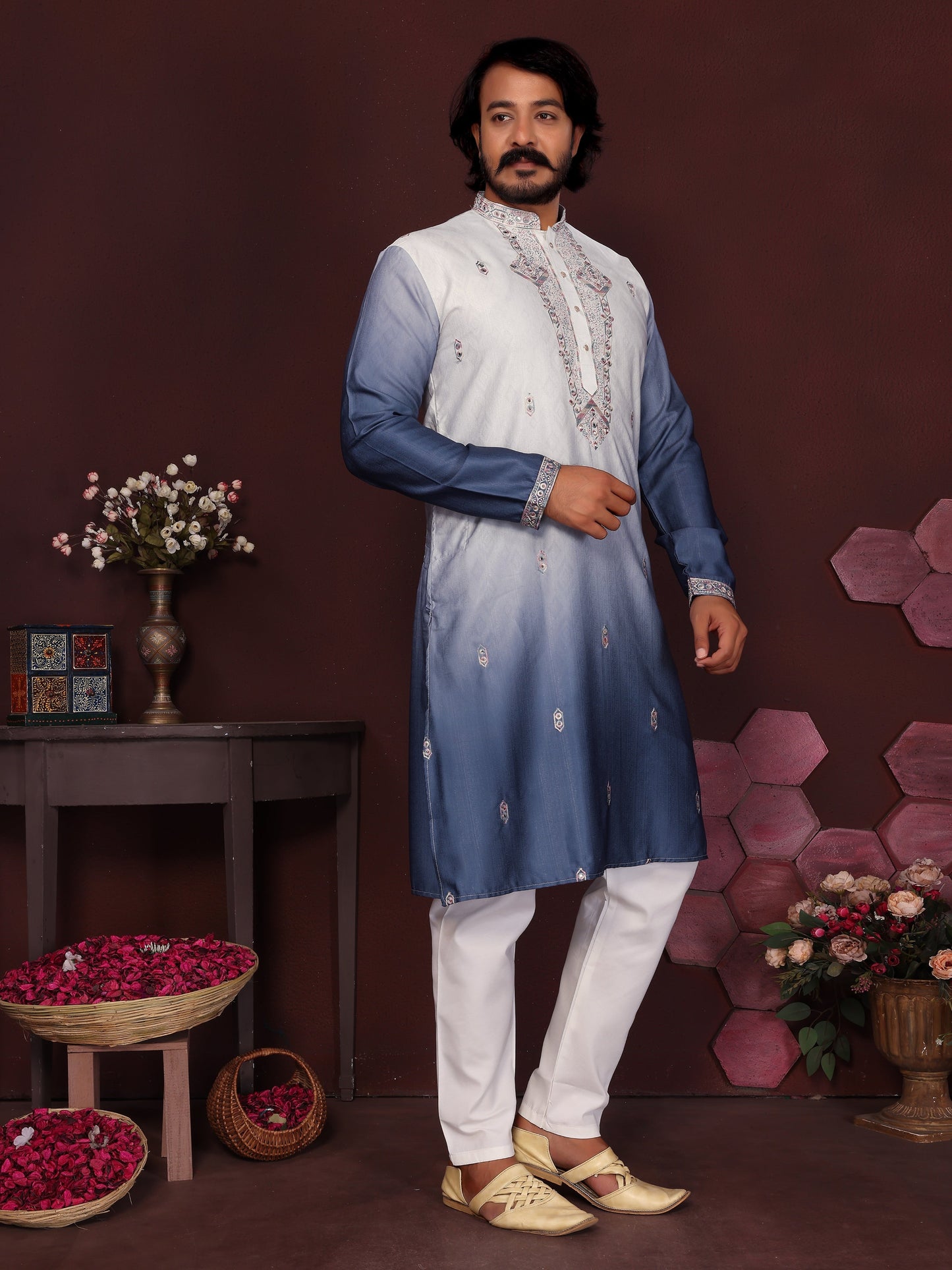 Jyoti Fashion Men's Blue Sequins Embroidered Kurta with Pajama | Swadesiicart