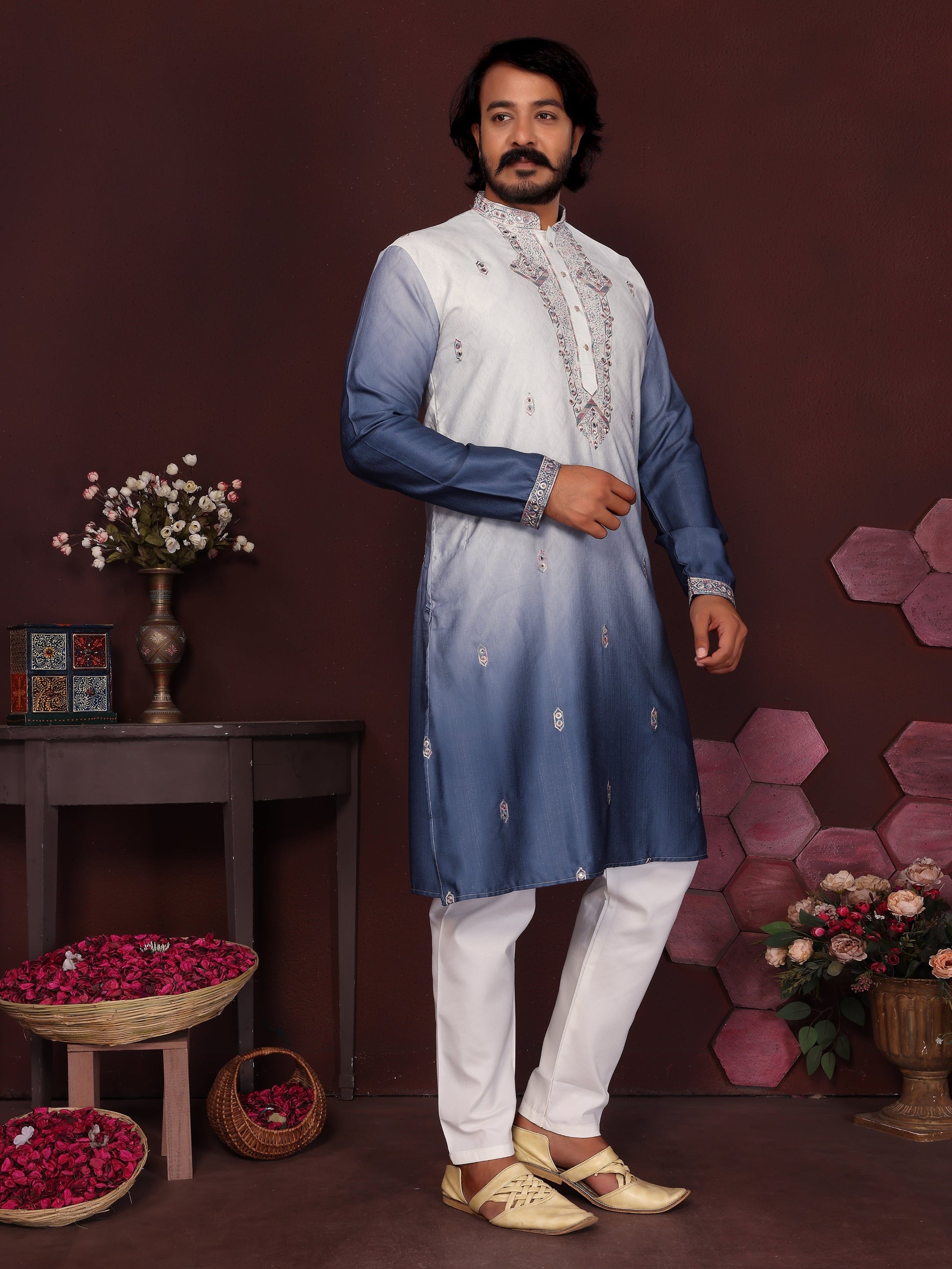 Jyoti Fashion Men's Blue Sequins Embroidered Kurta with Pajama | Swadesiicart