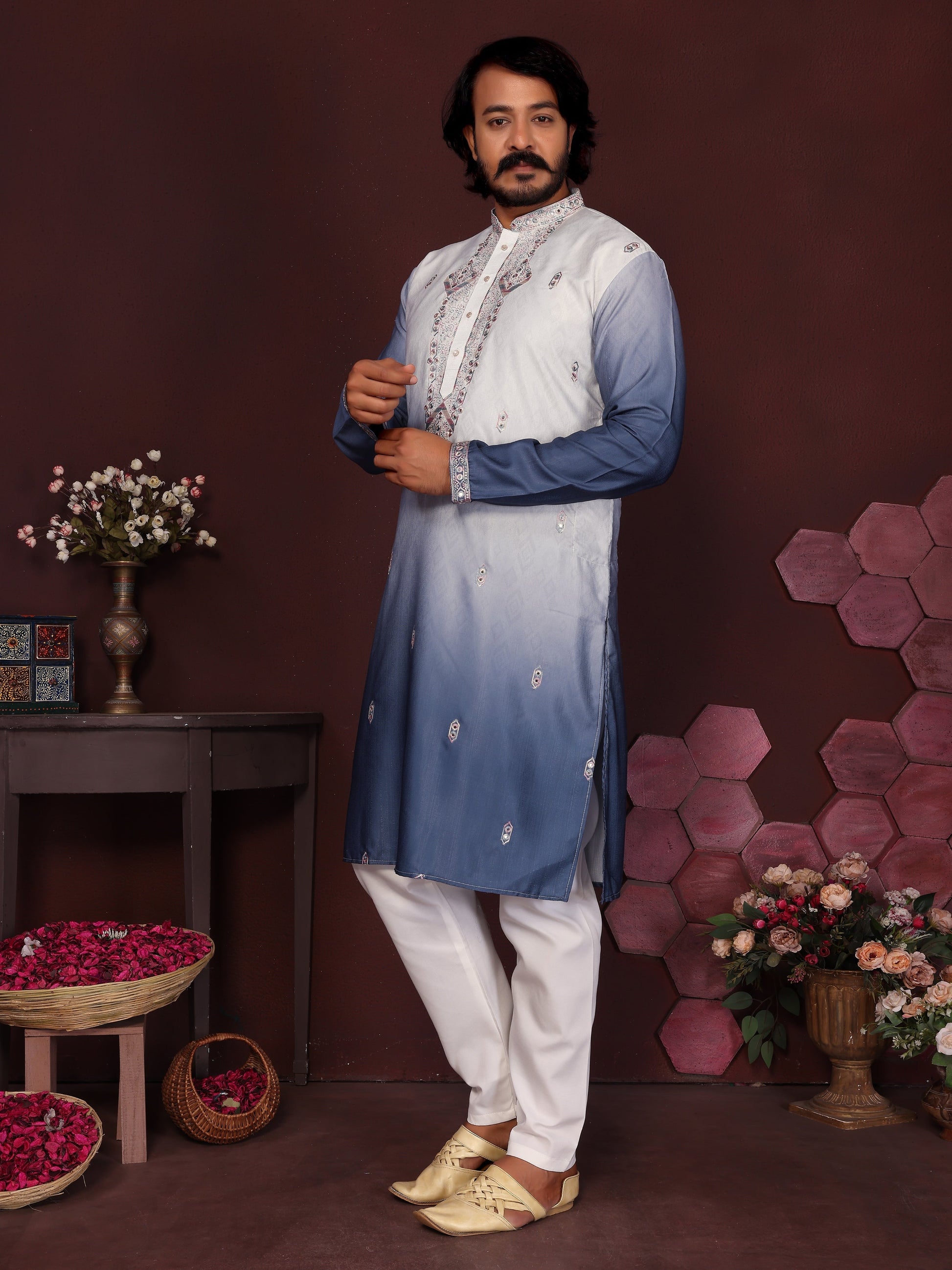 Jyoti Fashion Men's Blue Sequins Embroidered Kurta with Pajama | Swadesiicart