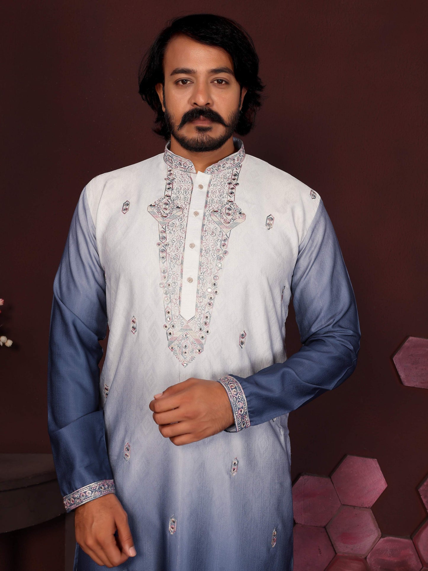 Jyoti Fashion Men's Blue Sequins Embroidered Kurta with Pajama | Swadesiicart