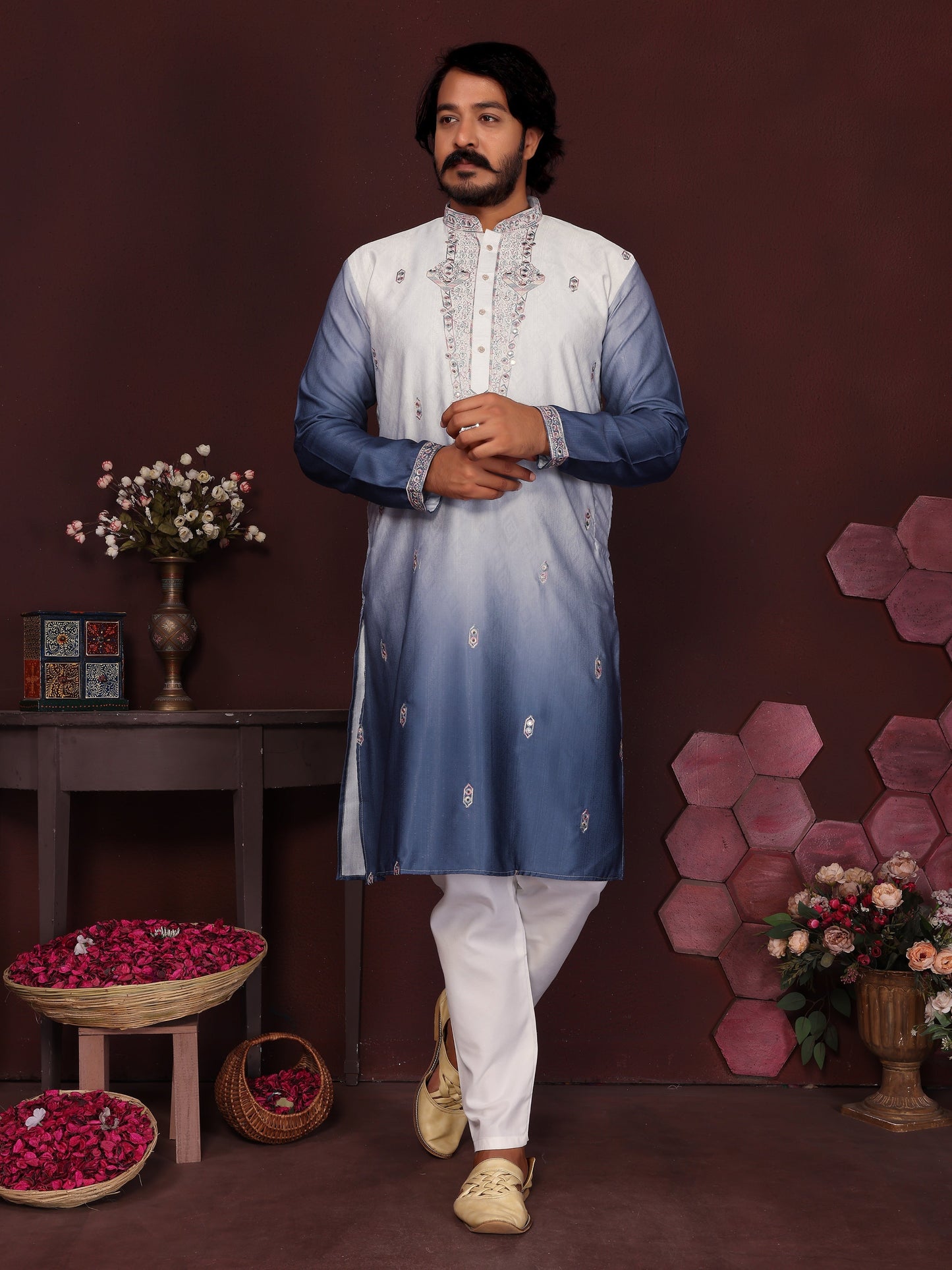 Jyoti Fashion Men's Blue Sequins Embroidered Kurta with Pajama | Swadesiicart