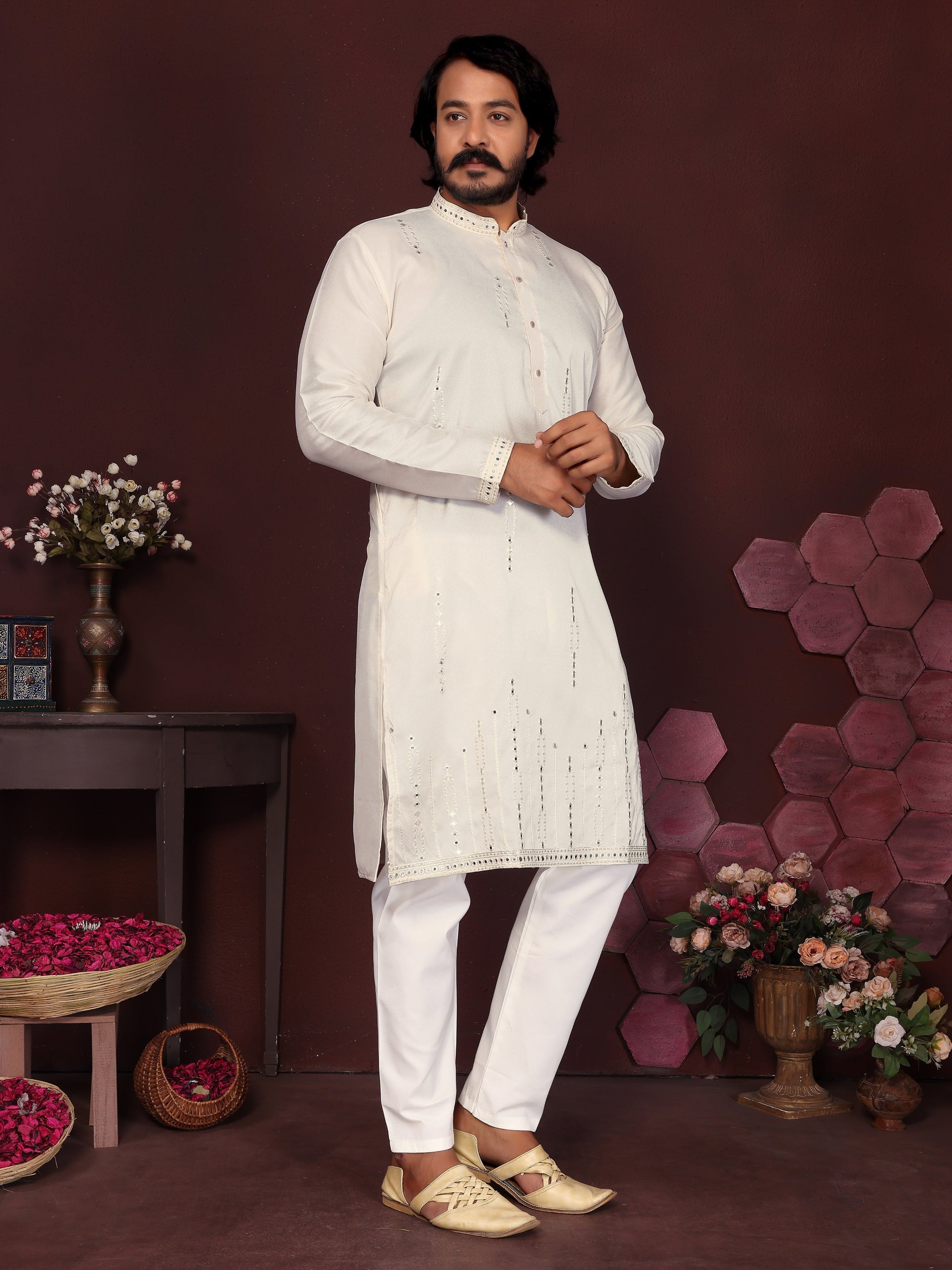 Jyoti Fashion Men's White Mirror Embroidery Kurta with Pajama | Swadesiicart