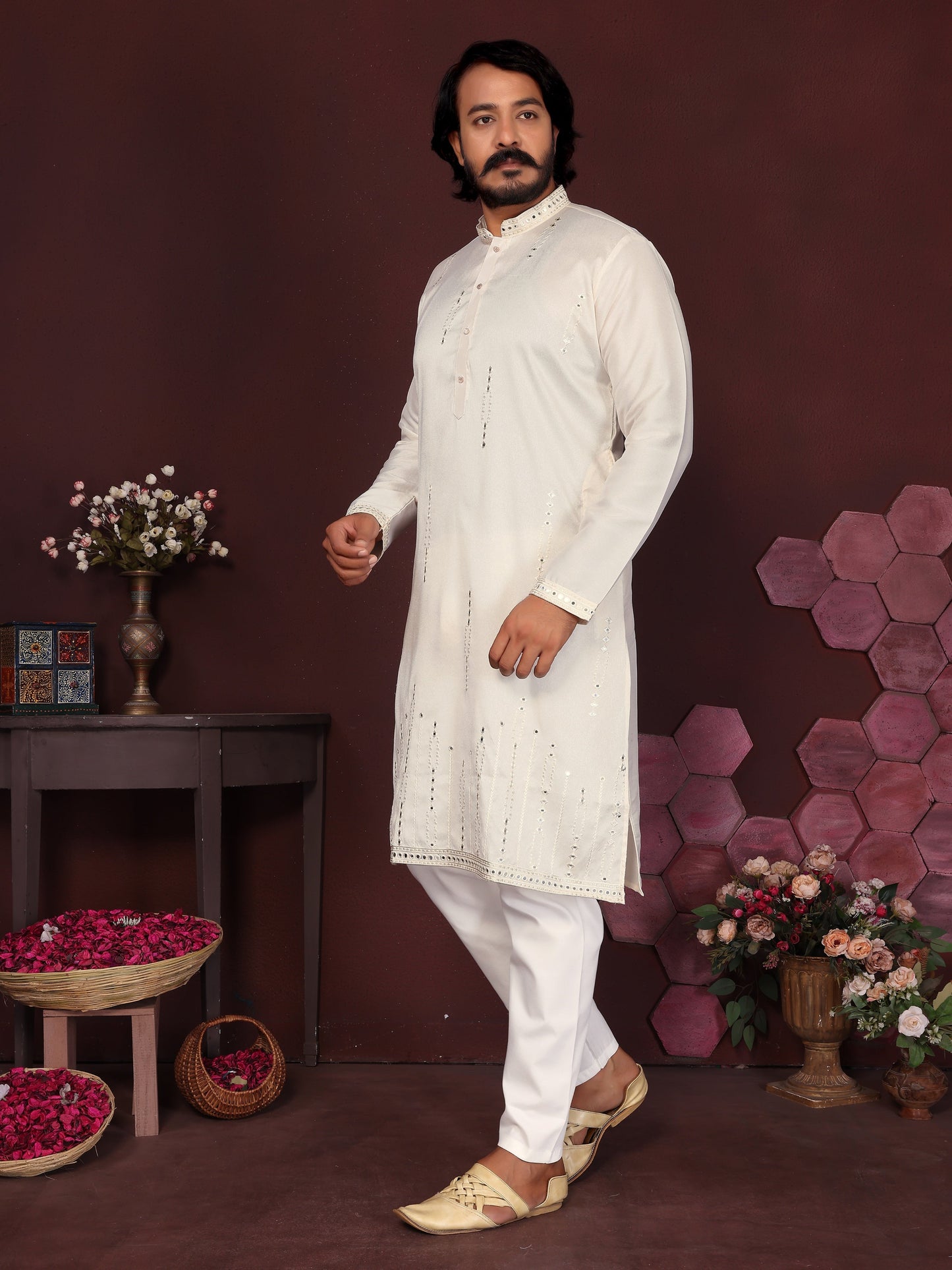 Jyoti Fashion Men's White Mirror Embroidery Kurta with Pajama | Swadesiicart