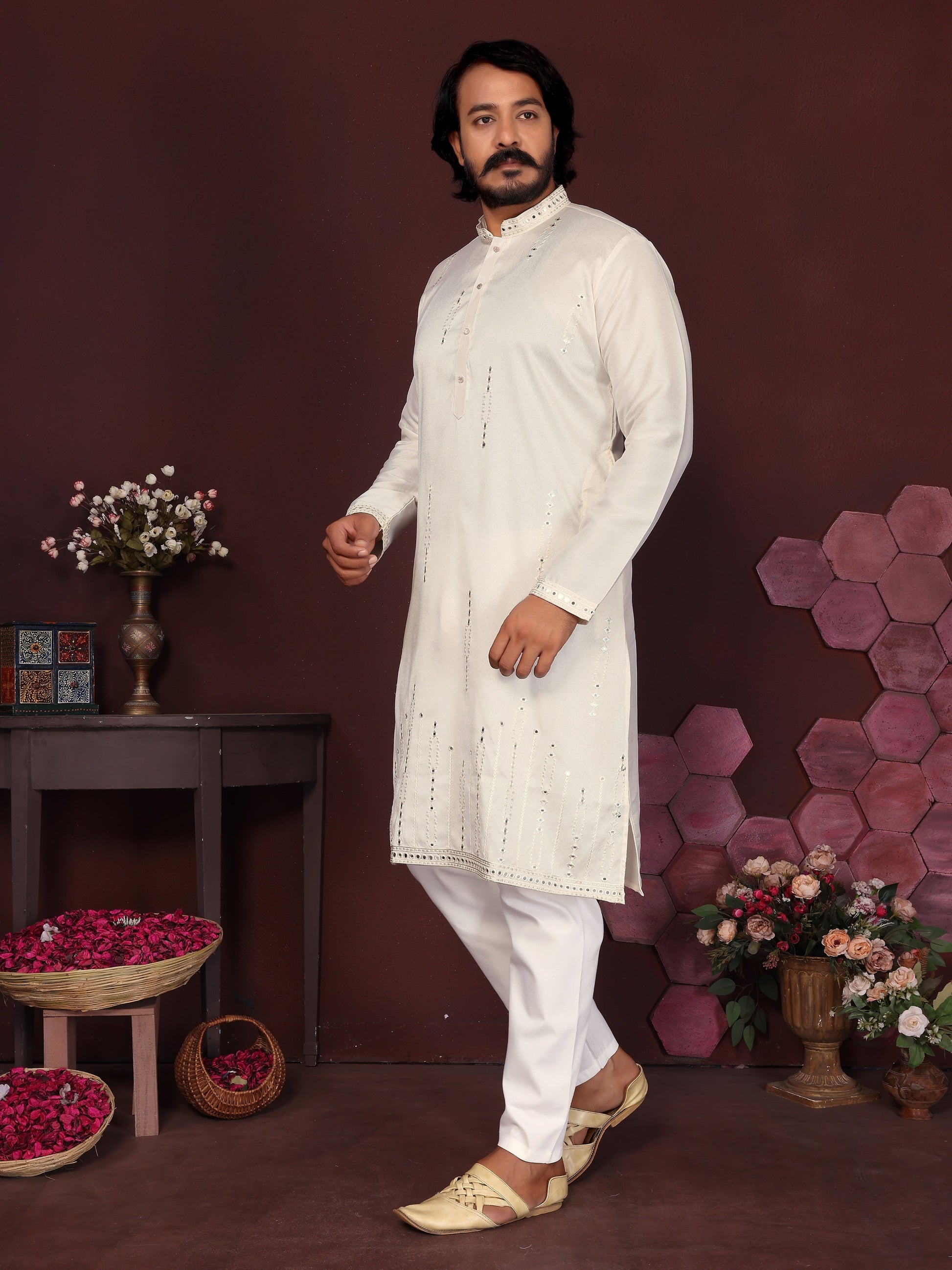 Jyoti Fashion Men's White Mirror Embroidery Kurta with Pajama | Swadesiicart