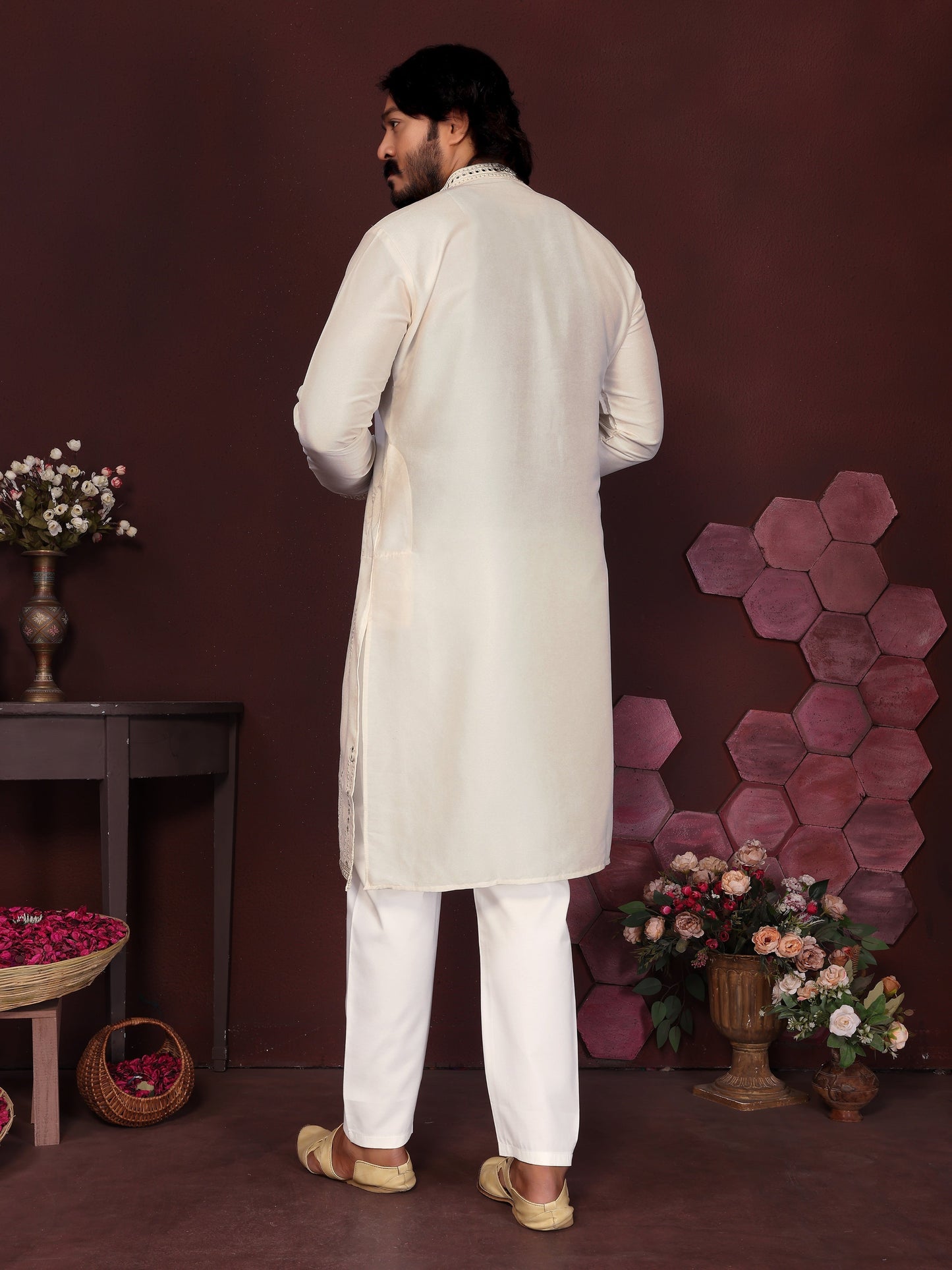 Jyoti Fashion Men's White Mirror Embroidery Kurta with Pajama | Swadesiicart