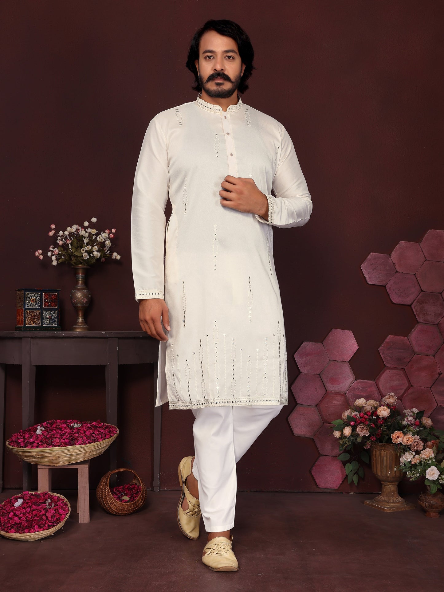 Jyoti Fashion Men's White Mirror Embroidery Kurta with Pajama | Swadesiicart