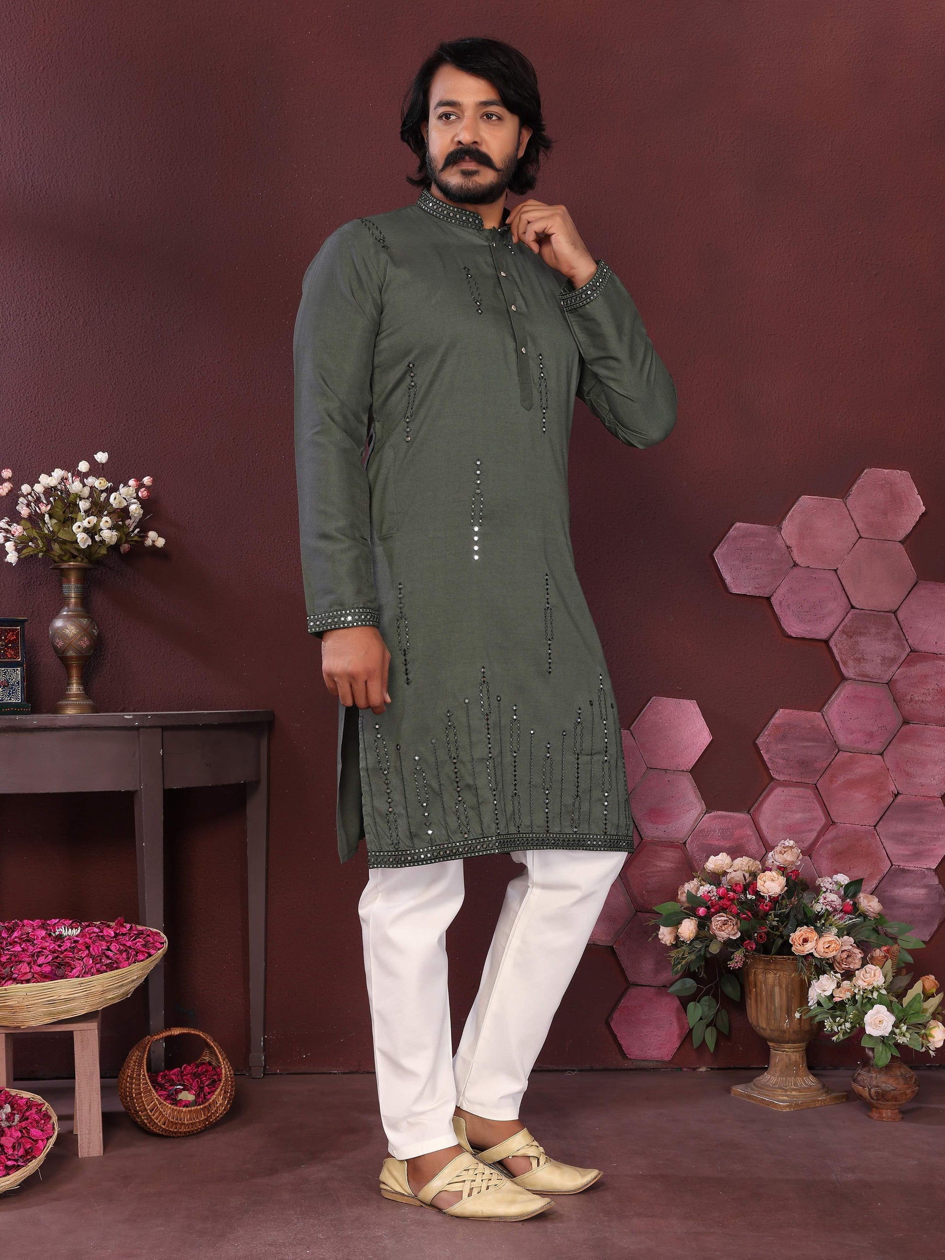 Jyoti Fashion Men's Green Mirror Embroidery Kurta with Pajama | Swadesiicart