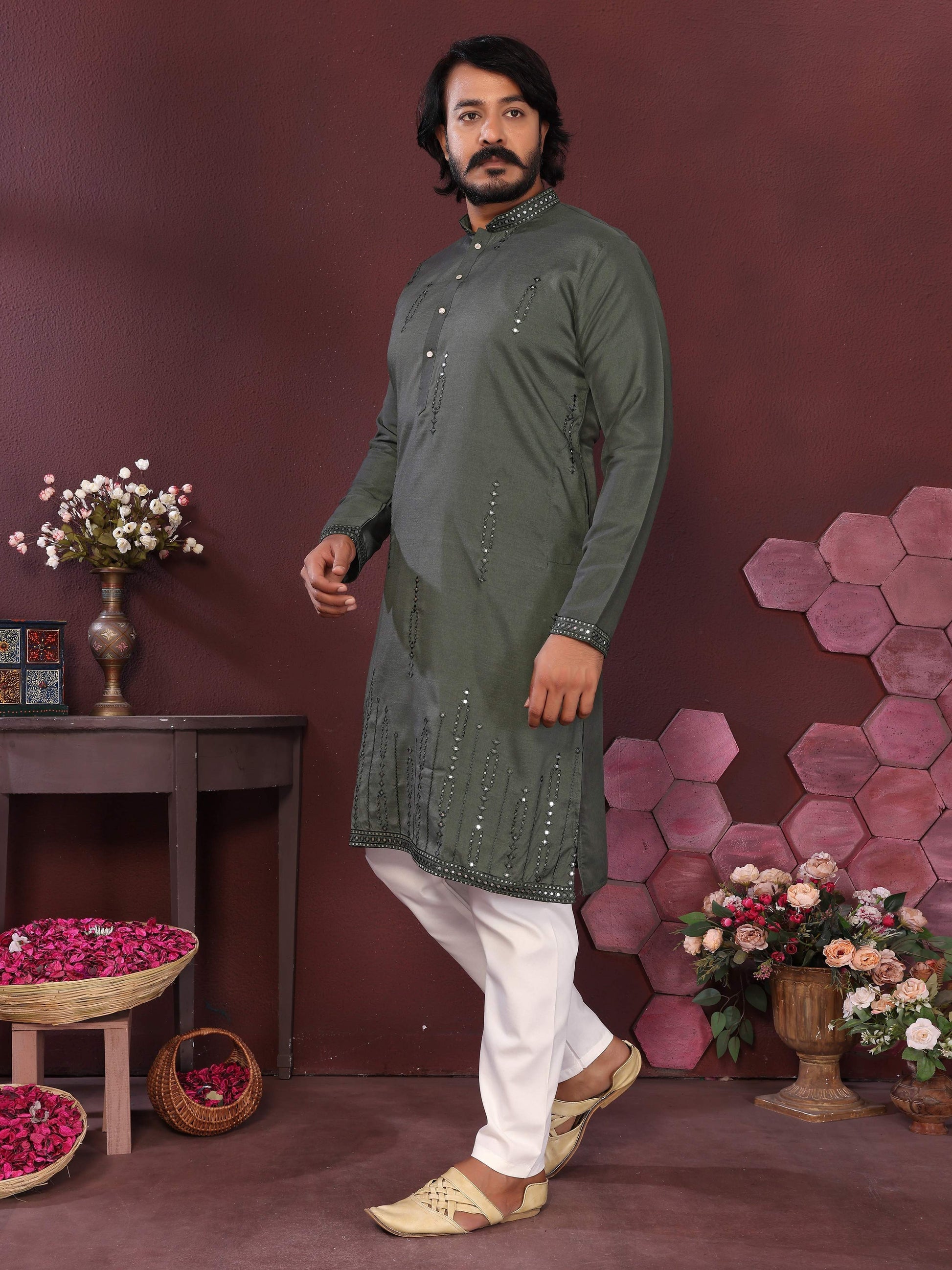 Jyoti Fashion Men's Green Mirror Embroidery Kurta with Pajama | Swadesiicart