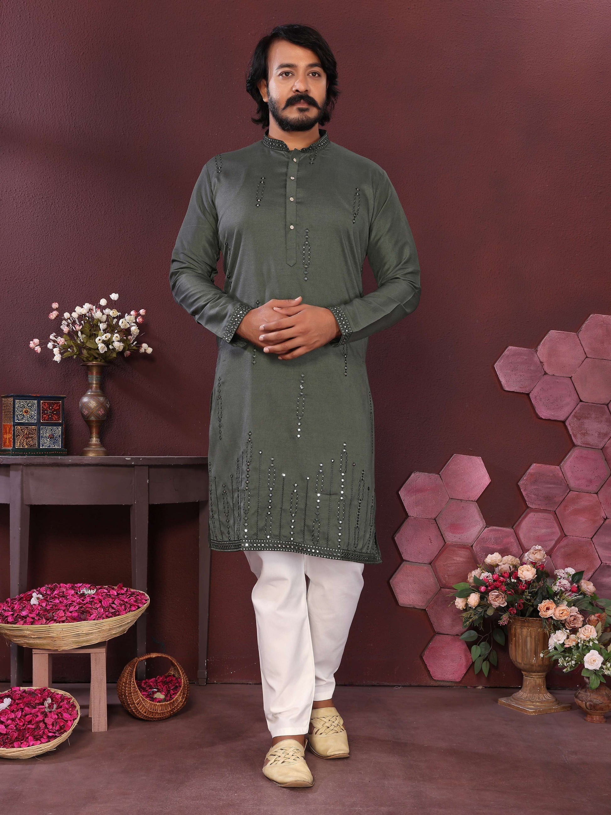 Jyoti Fashion Men's Green Mirror Embroidery Kurta with Pajama | Swadesiicart
