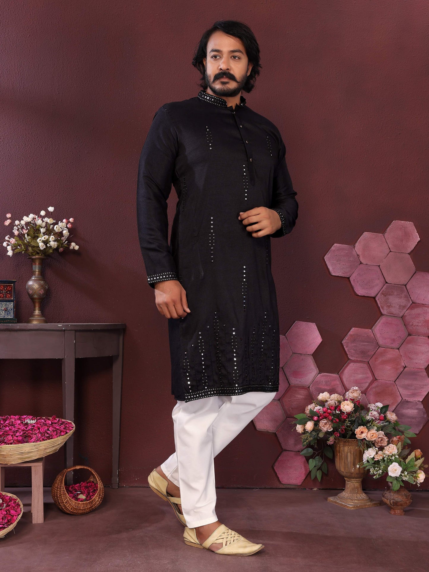 Jyoti Fashion Men's Black Mirror Embroidery Kurta with Pajama | Swadesiicart
