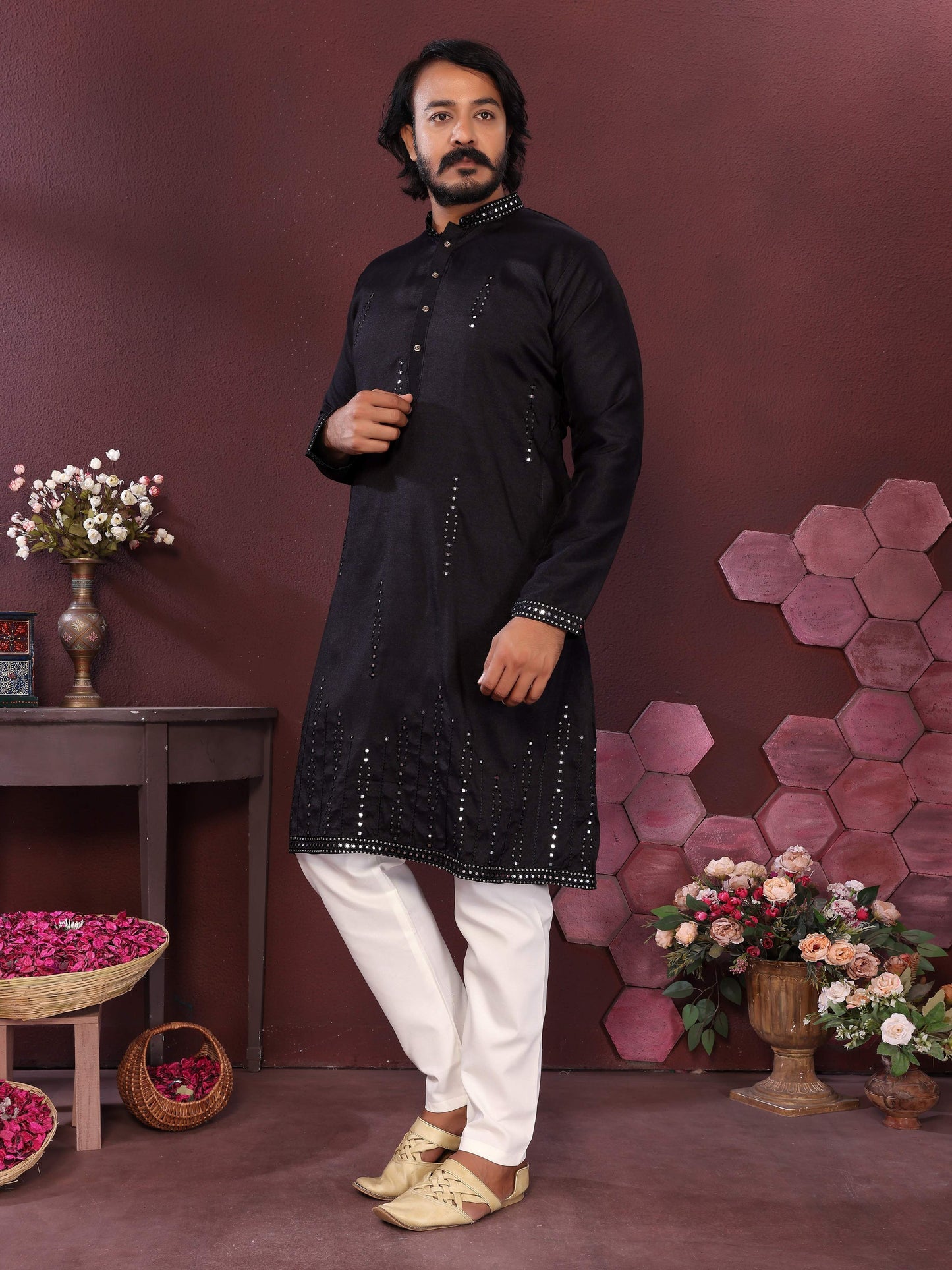 Jyoti Fashion Men's Black Mirror Embroidery Kurta with Pajama | Swadesiicart