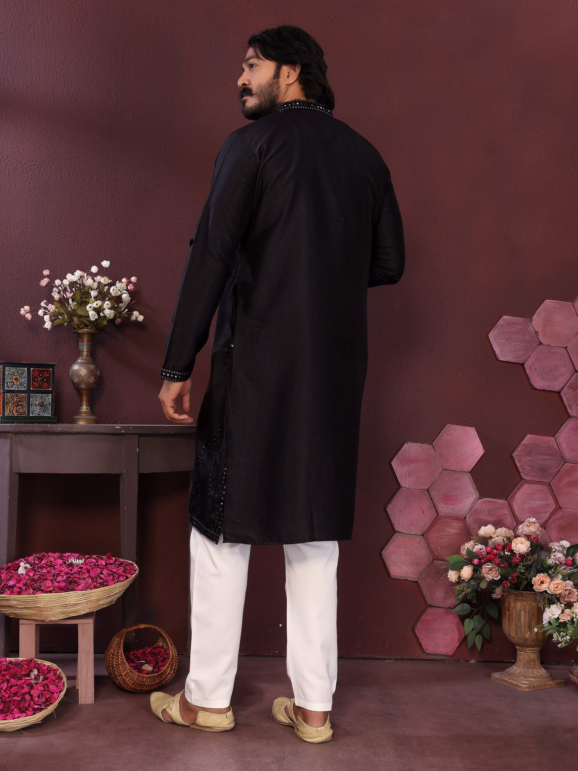 Jyoti Fashion Men's Black Mirror Embroidery Kurta with Pajama | Swadesiicart