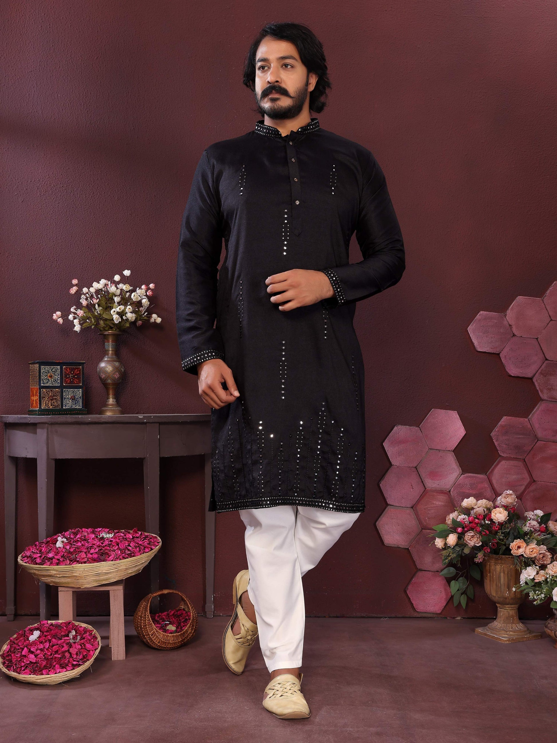Jyoti Fashion Men's Black Mirror Embroidery Kurta with Pajama | Swadesiicart