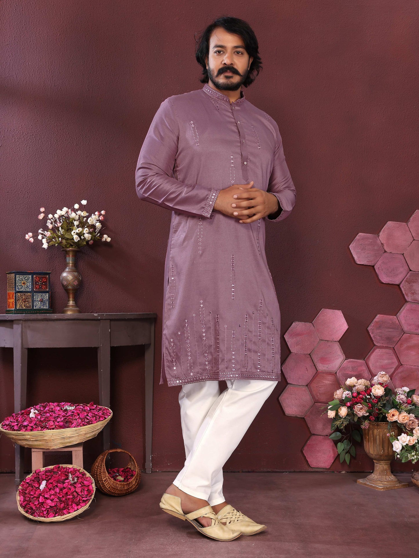 Jyoti Fashion Men's Purple Mirror Embroidery Kurta with Pajama | Swadesiicart