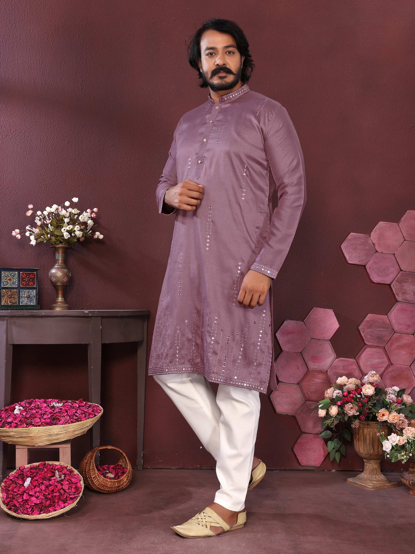 Jyoti Fashion Men's Purple Mirror Embroidery Kurta with Pajama | Swadesiicart