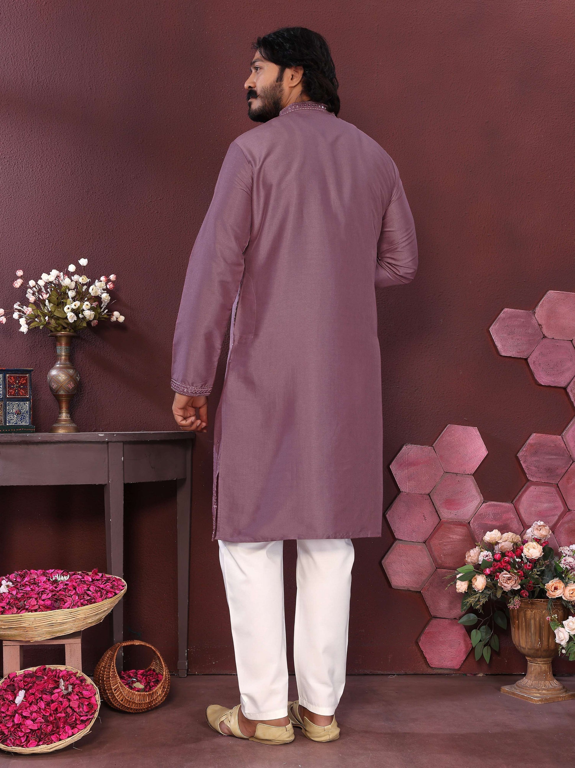 Jyoti Fashion Men's Purple Mirror Embroidery Kurta with Pajama | Swadesiicart