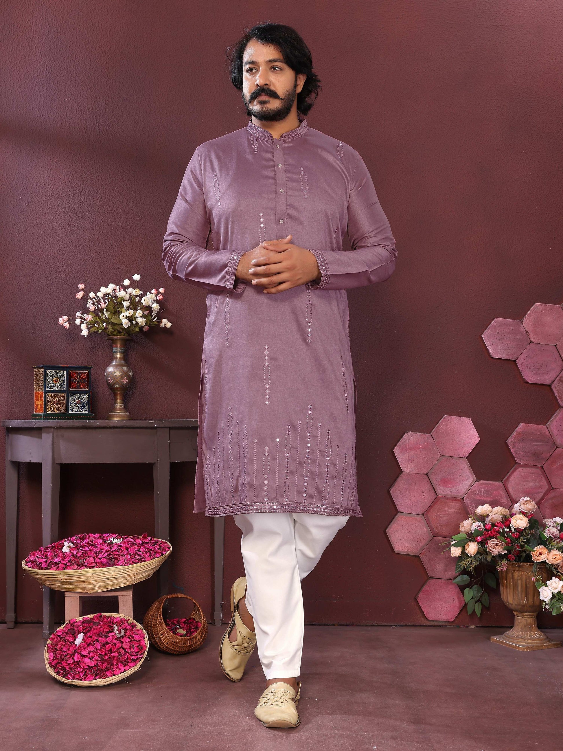 Jyoti Fashion Men's Purple Mirror Embroidery Kurta with Pajama | Swadesiicart