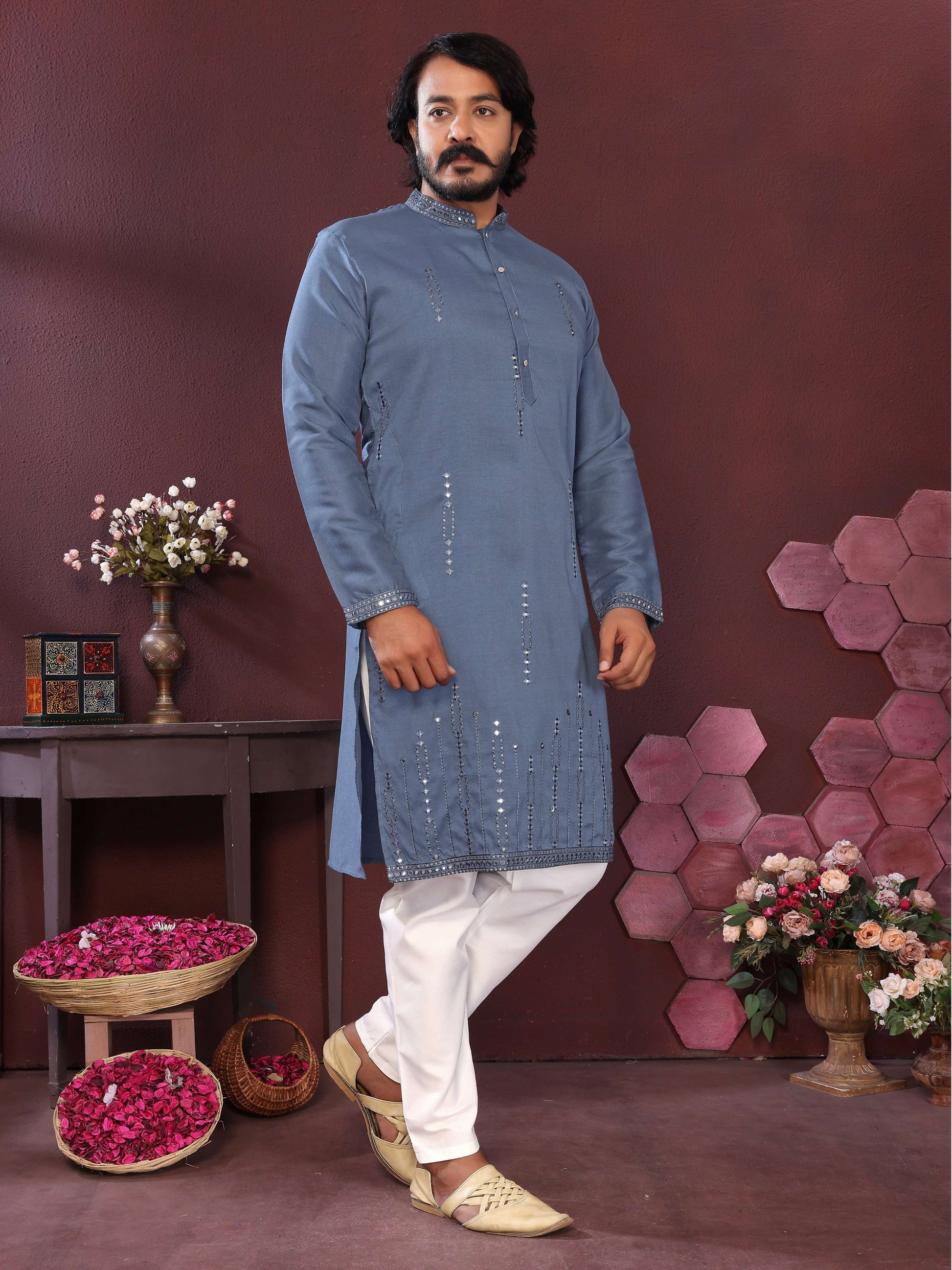 Jyoti Fashion Men's Blue Mirror Embroidery Kurta with Pajama | Swadesiicart