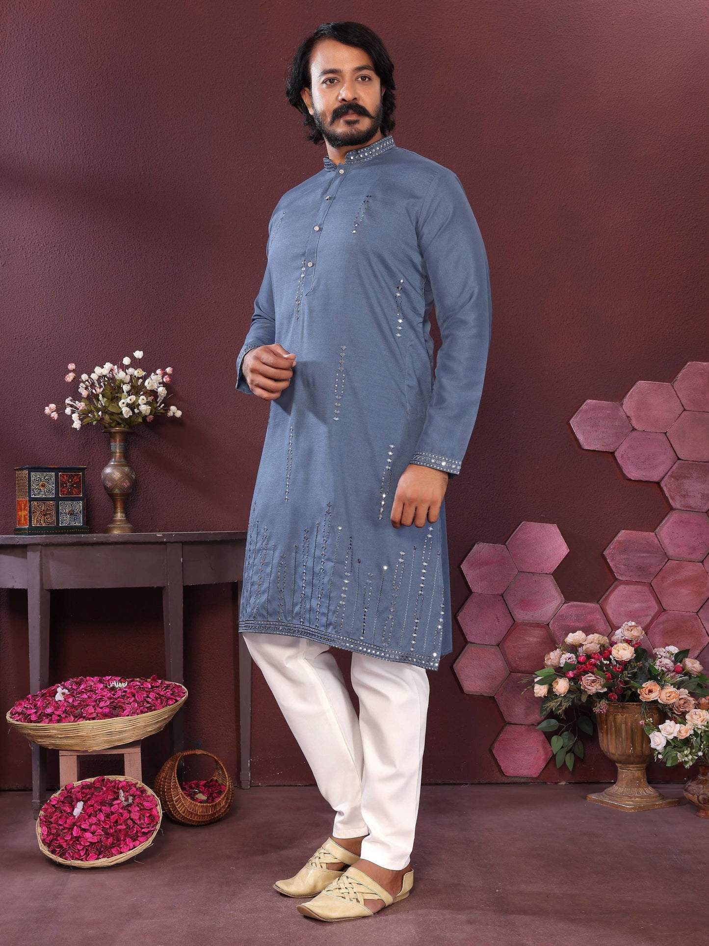 Jyoti Fashion Men's Blue Mirror Embroidery Kurta with Pajama | Swadesiicart