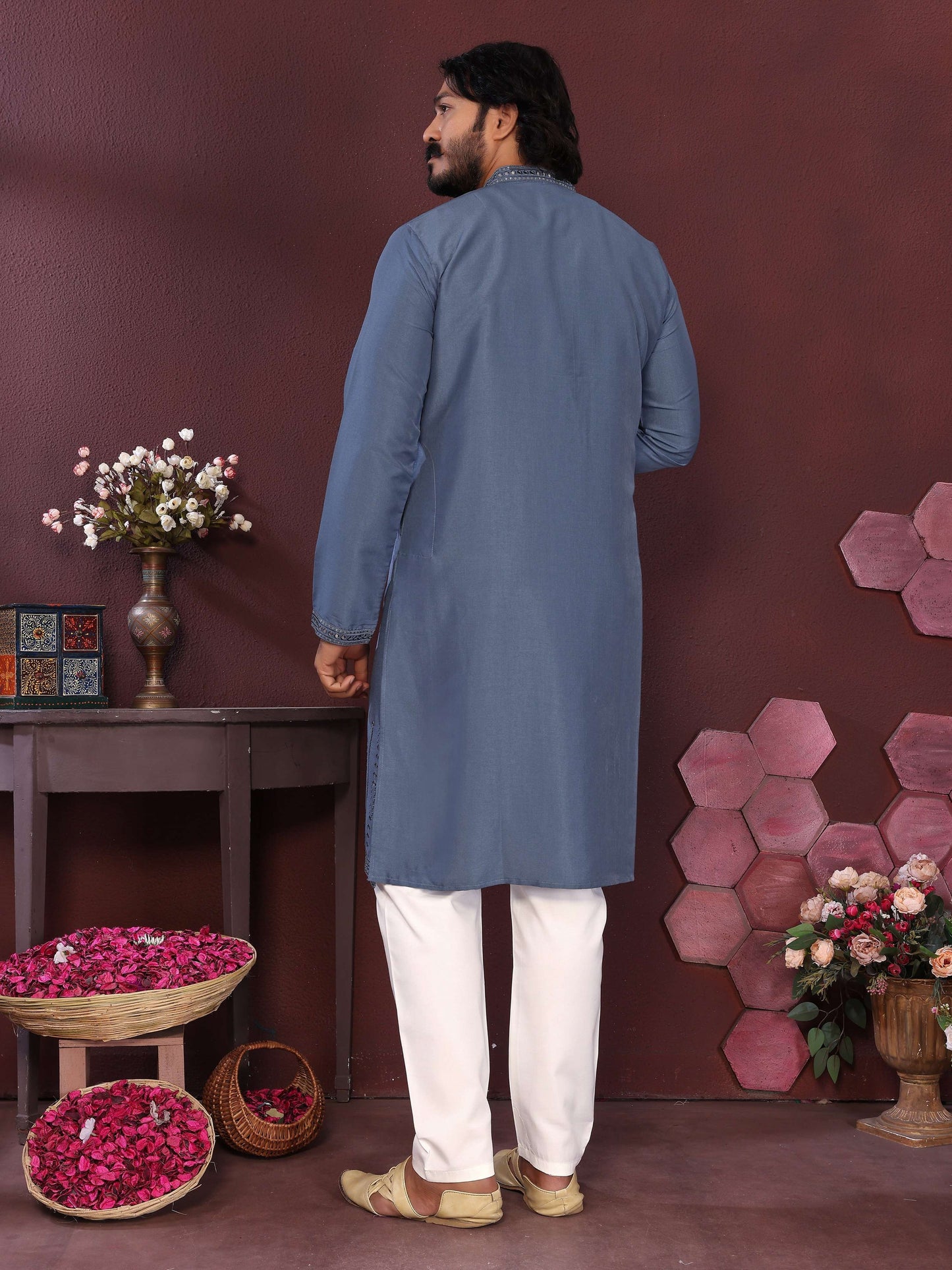 Jyoti Fashion Men's Blue Mirror Embroidery Kurta with Pajama | Swadesiicart