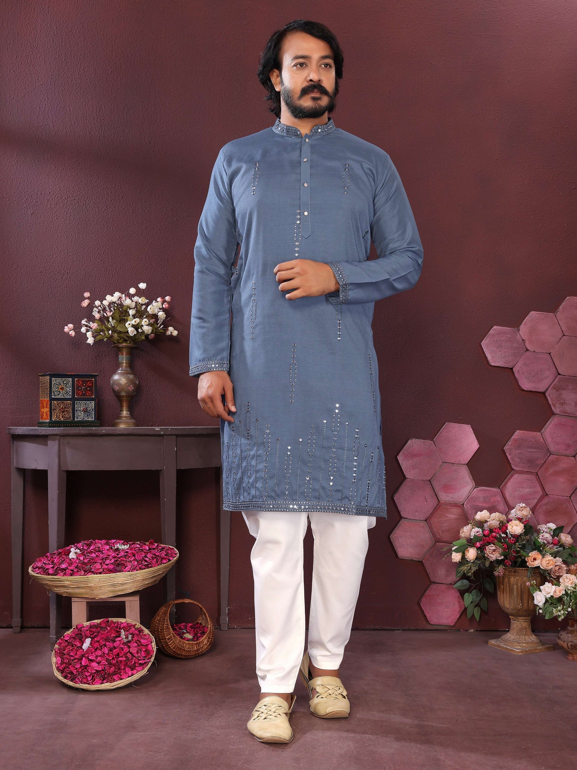 Jyoti Fashion Men's Blue Mirror Embroidery Kurta with Pajama | Swadesiicart