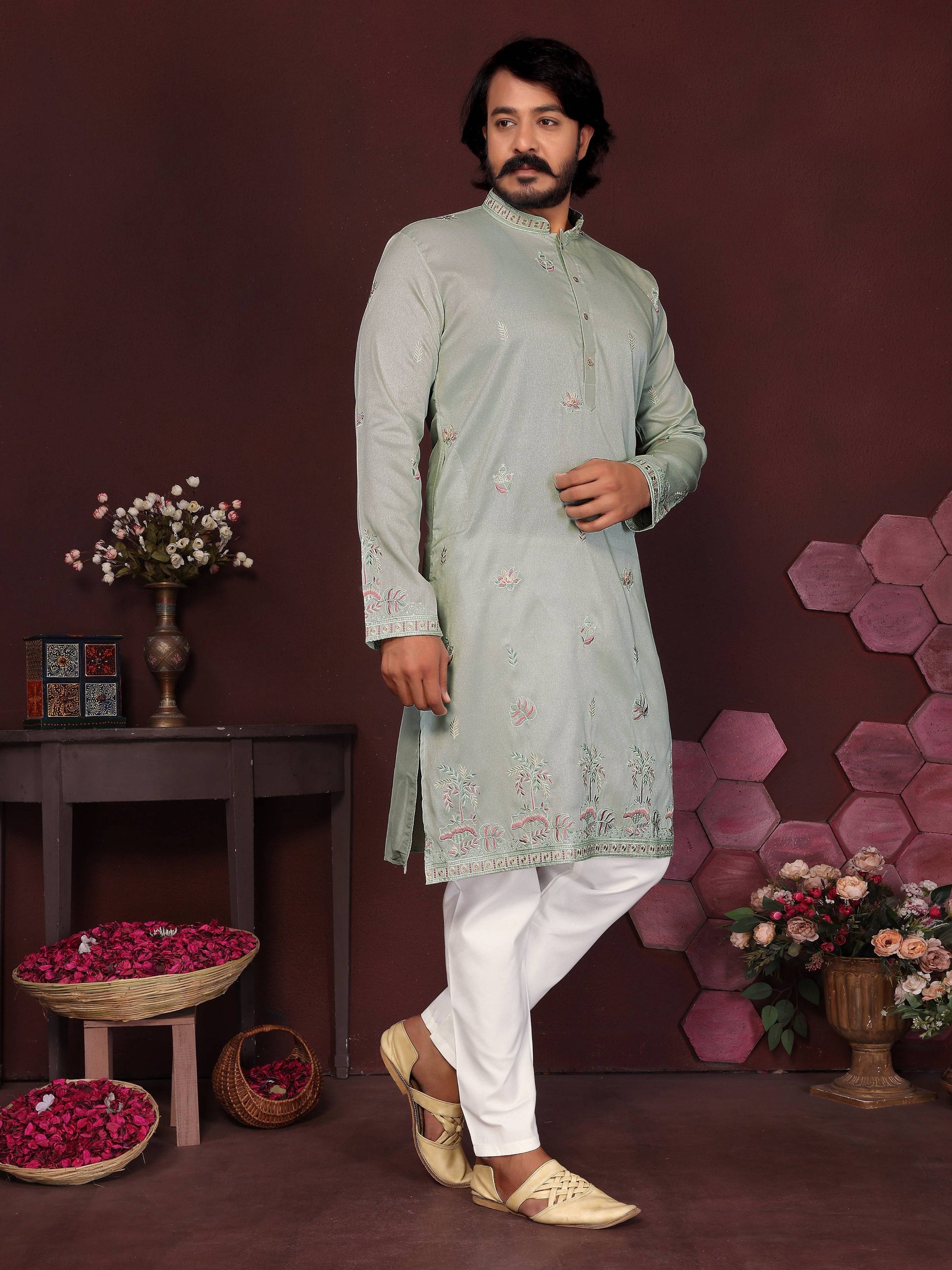 Jyoti Fashion Men's Grey Sequins Embroidered Kurta with Pajama | Swadesiicart