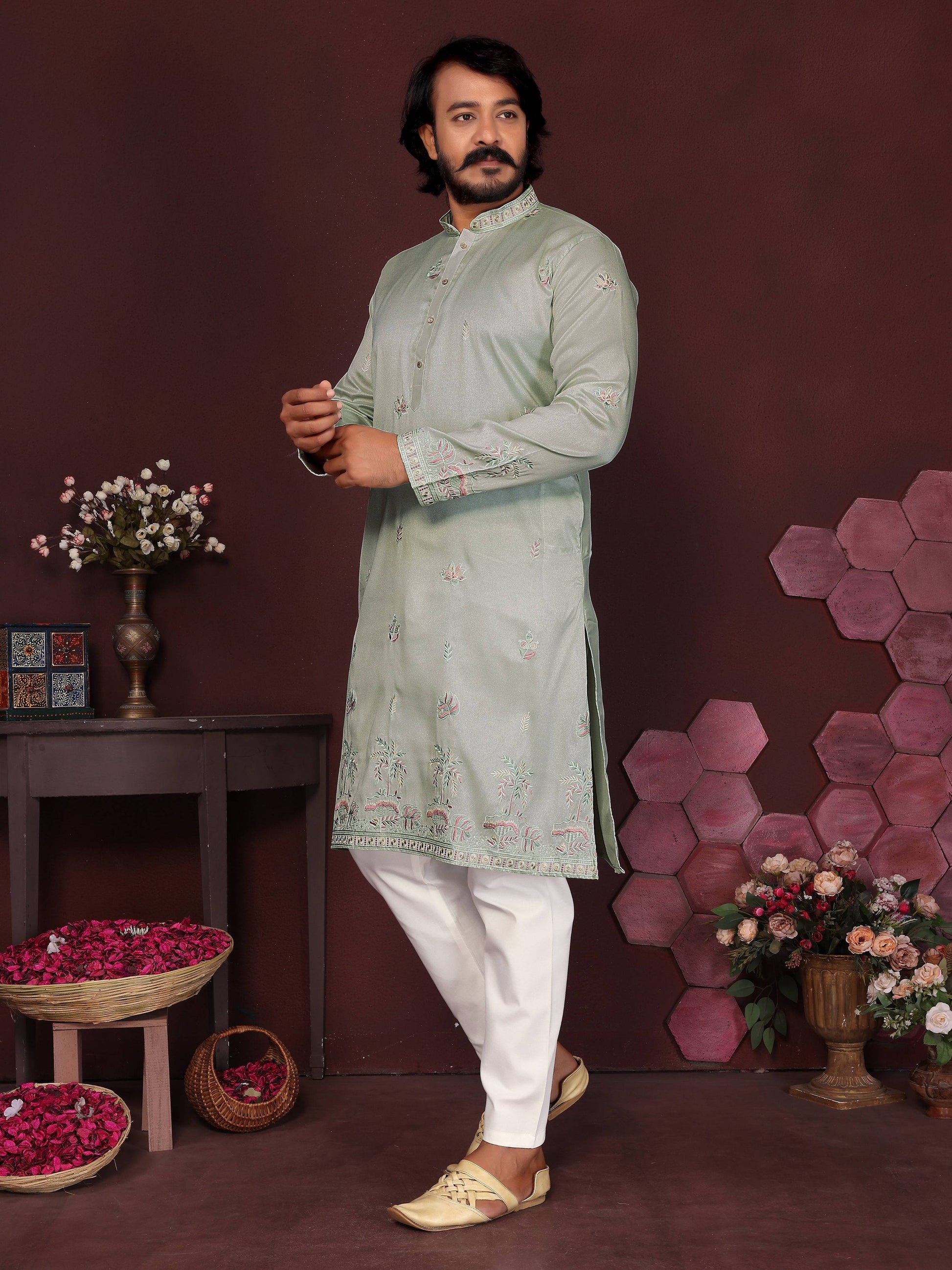 Jyoti Fashion Men's Grey Sequins Embroidered Kurta with Pajama | Swadesiicart