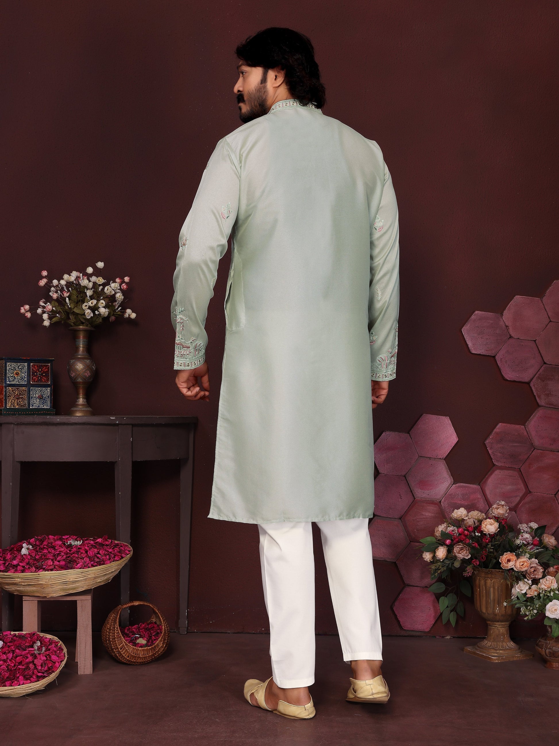 Jyoti Fashion Men's Grey Sequins Embroidered Kurta with Pajama | Swadesiicart
