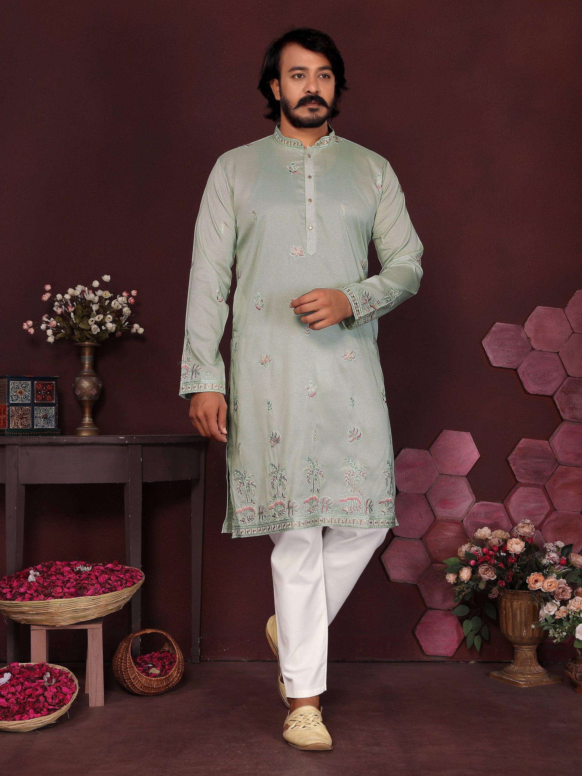 Jyoti Fashion Men's Grey Sequins Embroidered Kurta with Pajama | Swadesiicart