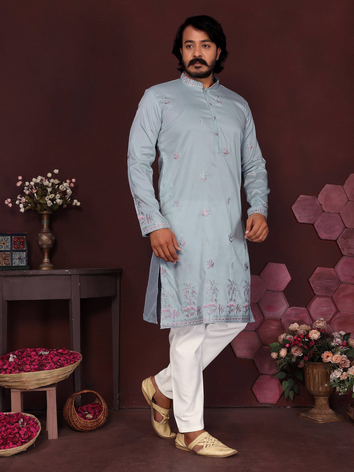 Jyoti Fashion Men's Blue Sequins Embroidered Kurta with Pajama | Swadesiicart