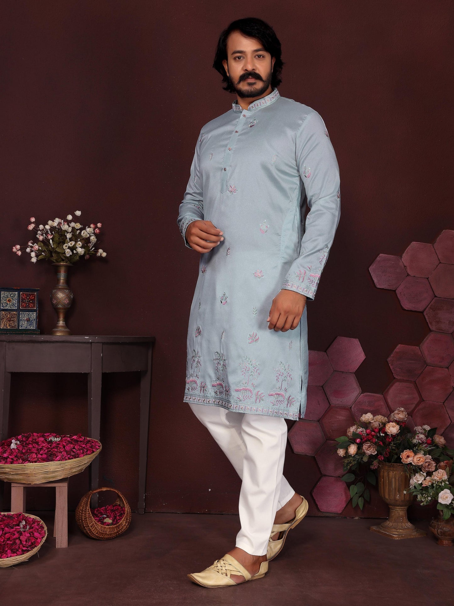 Jyoti Fashion Men's Blue Sequins Embroidered Kurta with Pajama | Swadesiicart