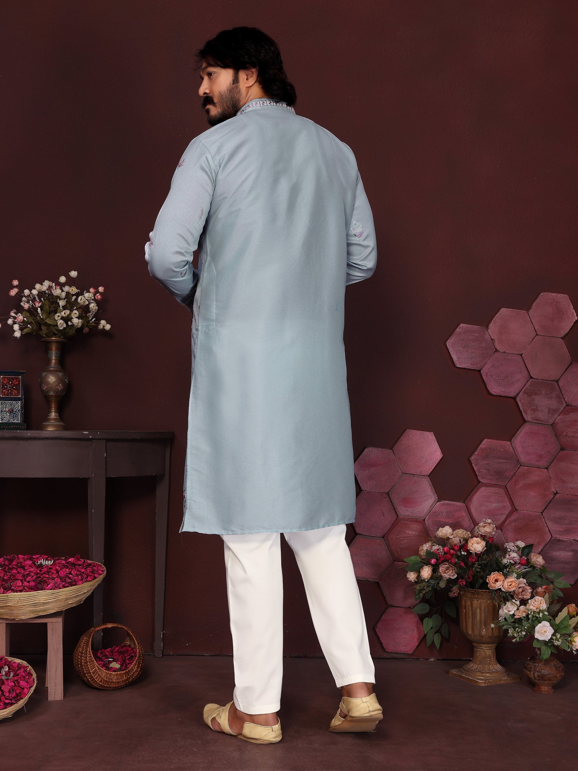 Jyoti Fashion Men's Blue Sequins Embroidered Kurta with Pajama | Swadesiicart