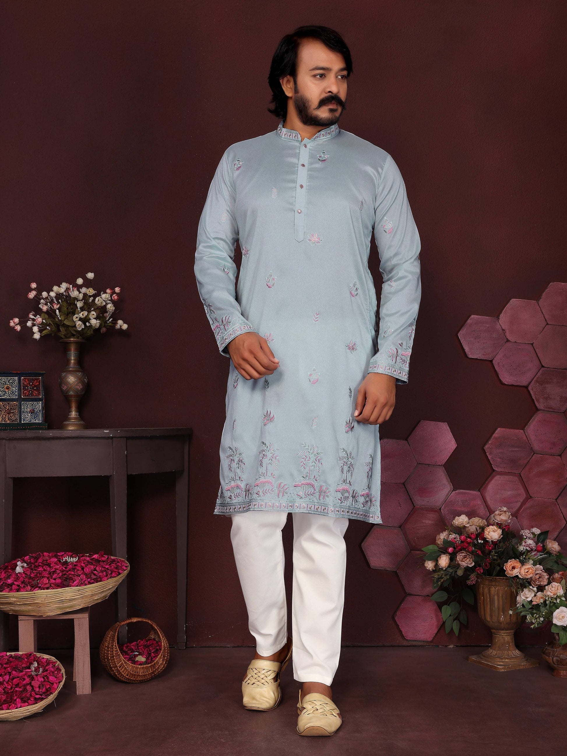 Jyoti Fashion Men's Blue Sequins Embroidered Kurta with Pajama | Swadesiicart