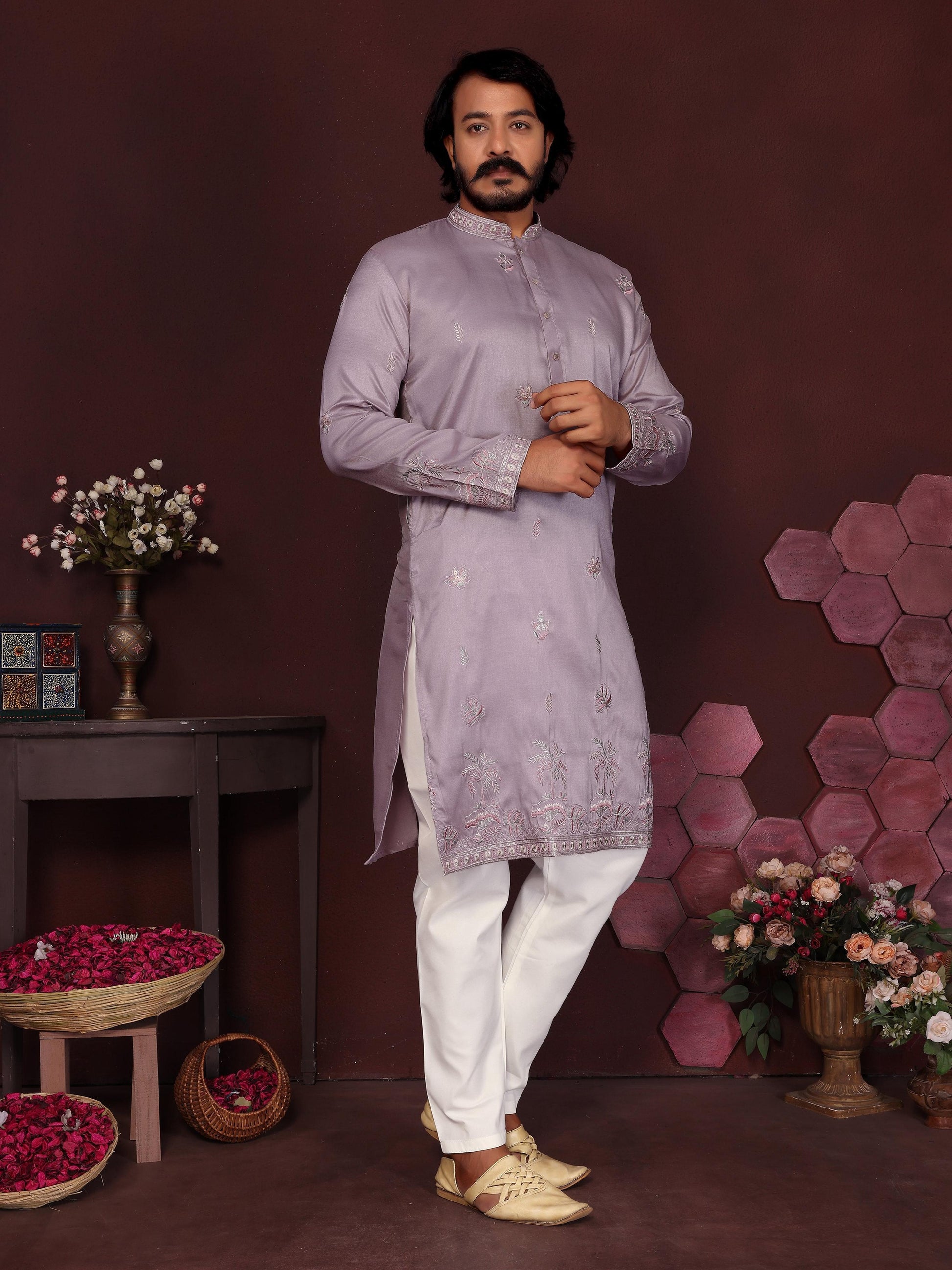 Jyoti Fashion Men's Purple Sequins Embroidered Kurta with Pajama | Swadesiicart