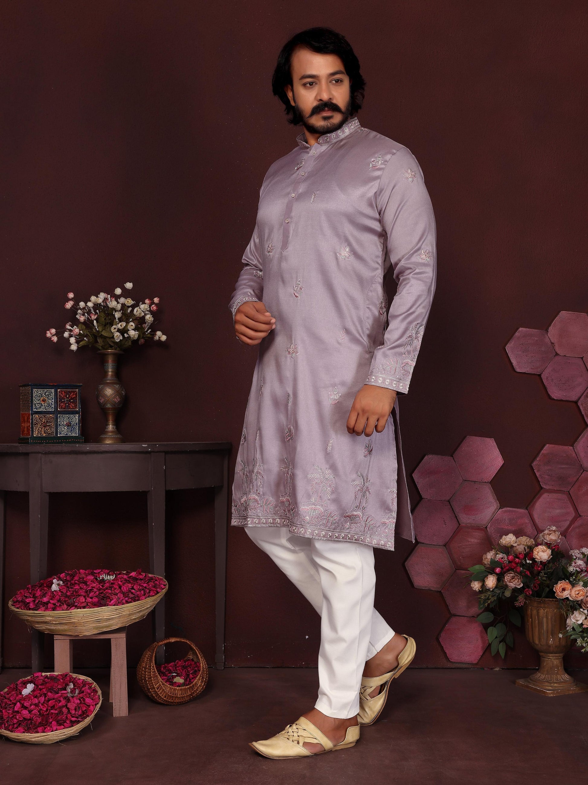 Jyoti Fashion Men's Purple Sequins Embroidered Kurta with Pajama | Swadesiicart