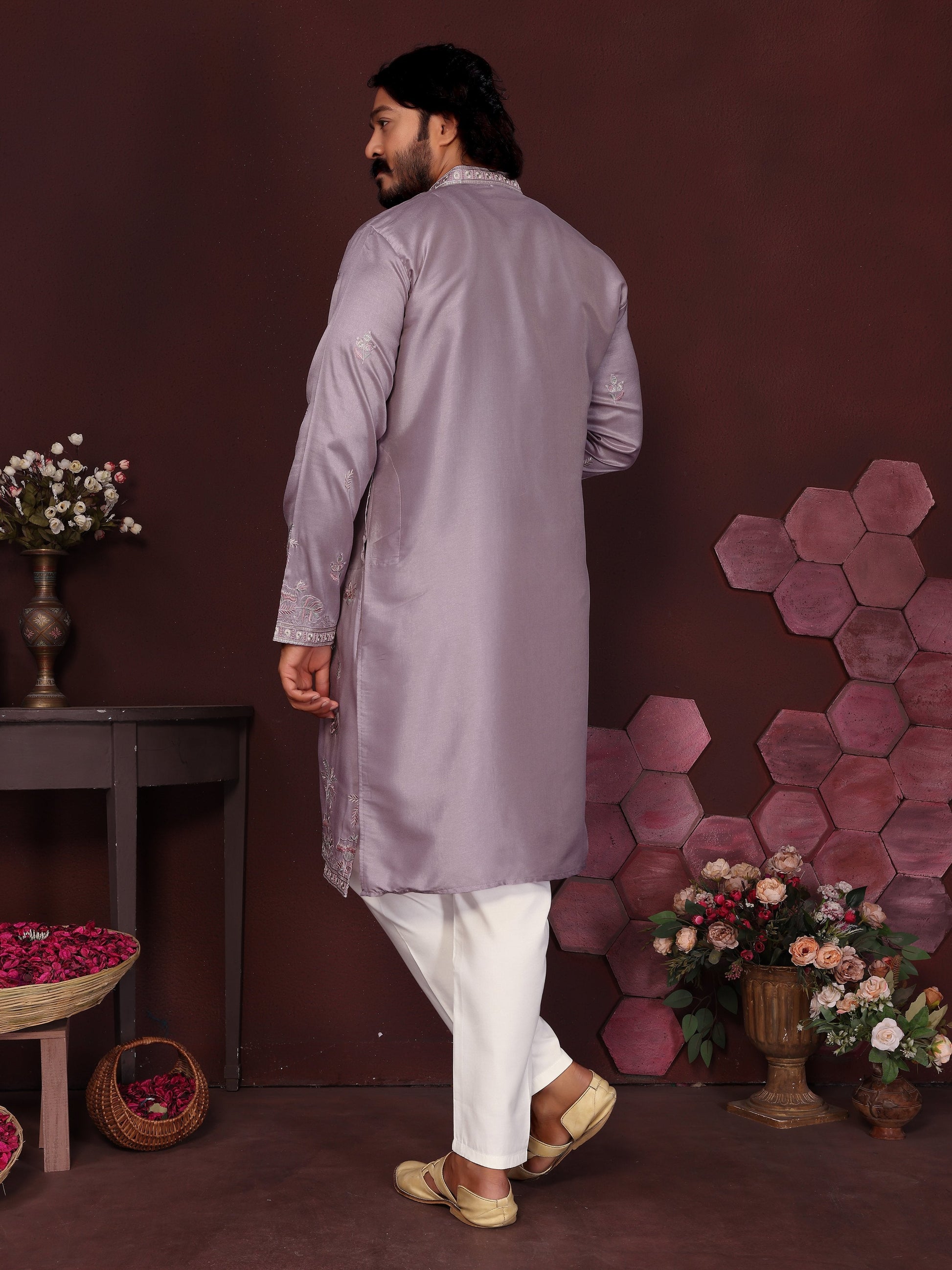 Jyoti Fashion Men's Purple Sequins Embroidered Kurta with Pajama | Swadesiicart