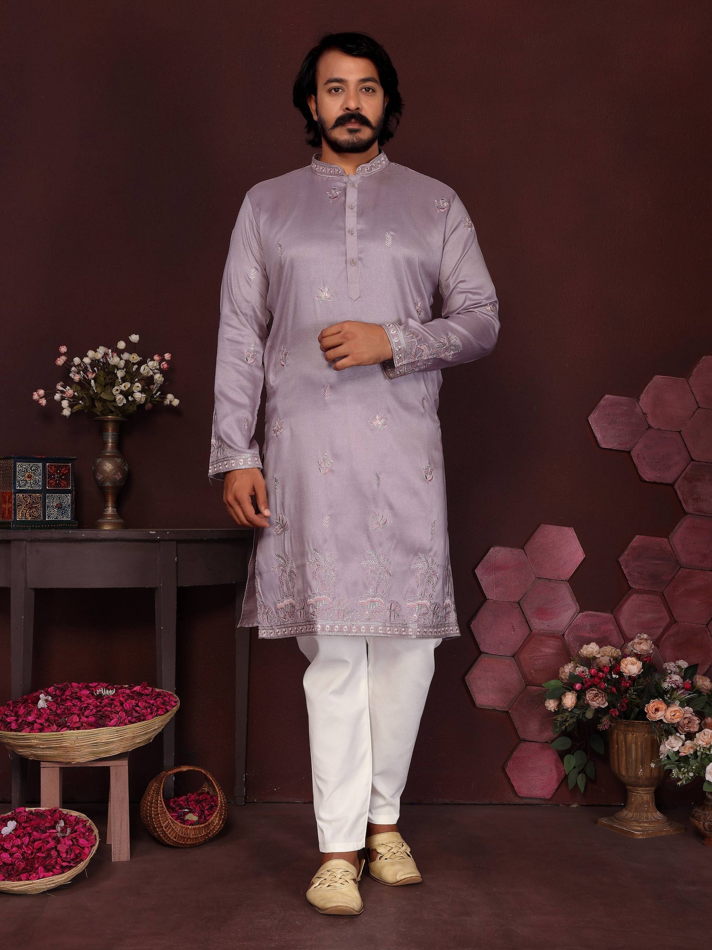 Jyoti Fashion Men's Purple Sequins Embroidered Kurta with Pajama | Swadesiicart