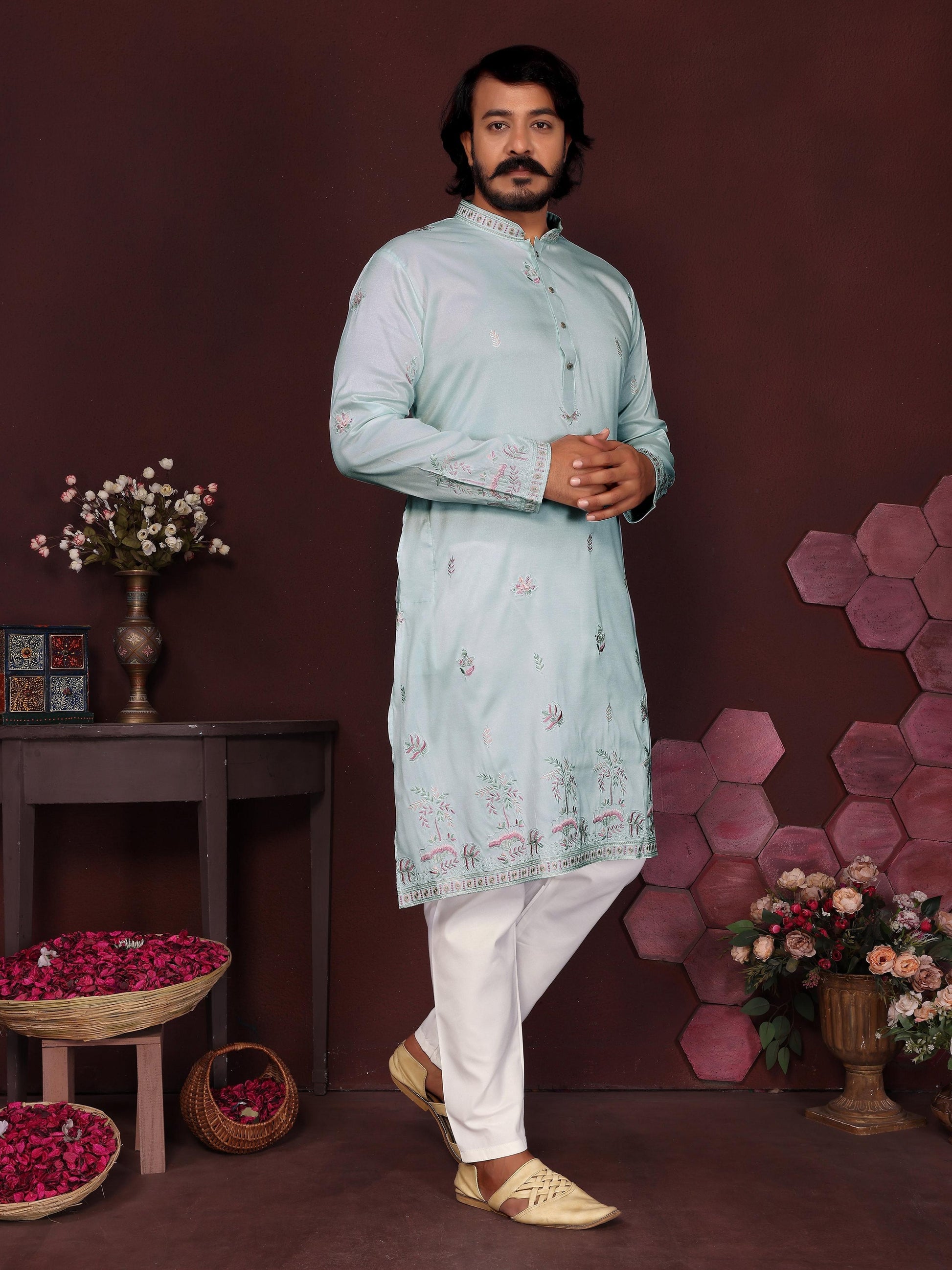 Jyoti Fashion Men's Turquoise Sequins Embroidered Kurta with Pajama | Swadesiicart